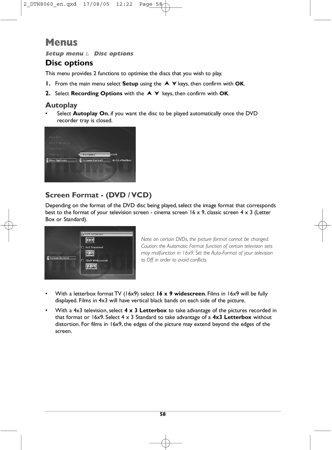 Technicolor - Thomson DTH8060 manual Disc options, Autoplay, Screen Format DVD / VCD 