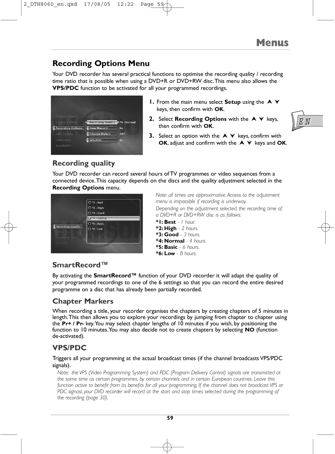 Technicolor - Thomson DTH8060 manual Recording Options Menu, Recording quality, SmartRecord, Chapter Markers 