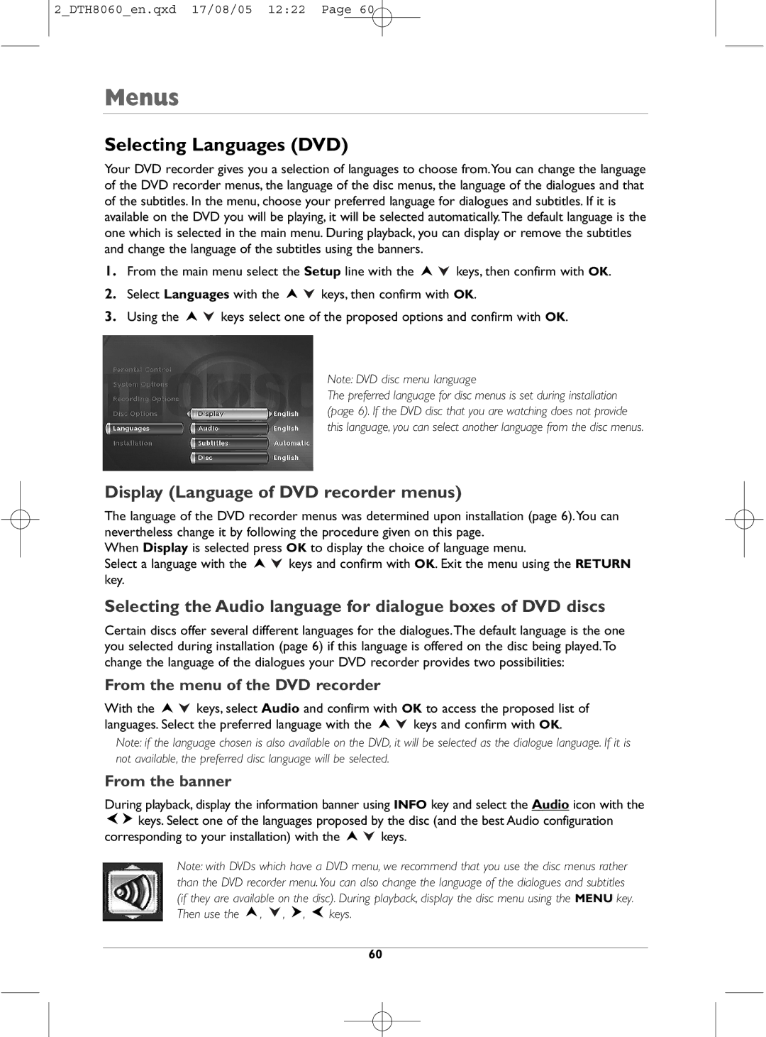 Technicolor - Thomson DTH8060 manual Selecting Languages DVD, Display Language of DVD recorder menus, From the banner 