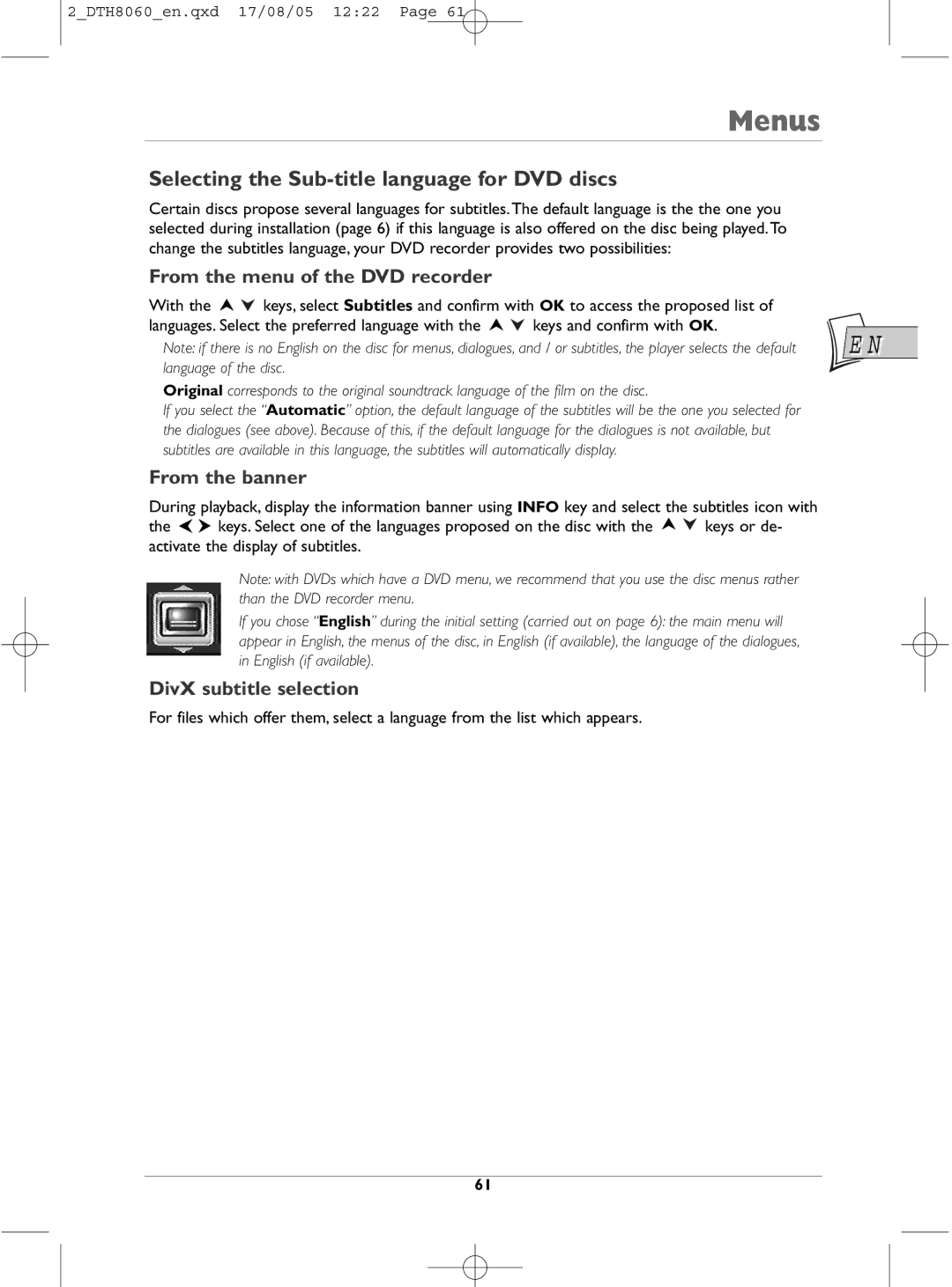 Technicolor - Thomson DTH8060 manual Selecting the Sub-title language for DVD discs, DivX subtitle selection 