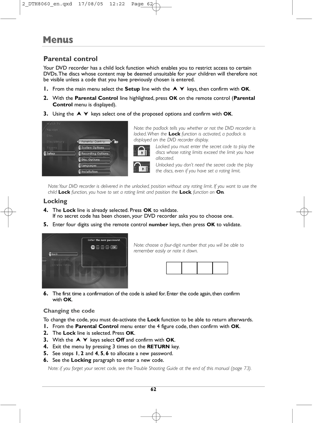 Technicolor - Thomson DTH8060 manual Parental control, Locking, Changing the code 