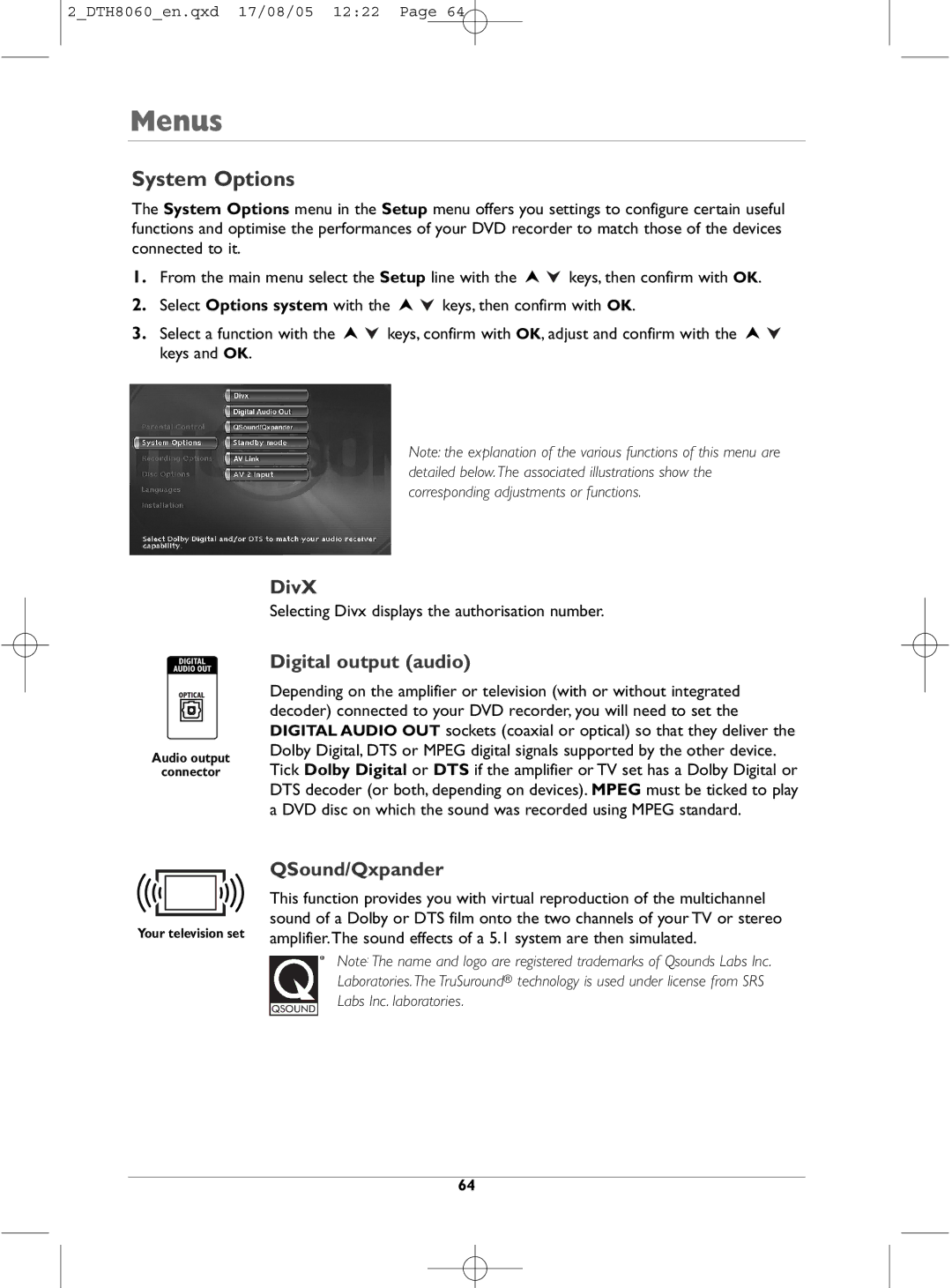 Technicolor - Thomson DTH8060 manual System Options, DivX, Digital output audio, QSound/Qxpander 