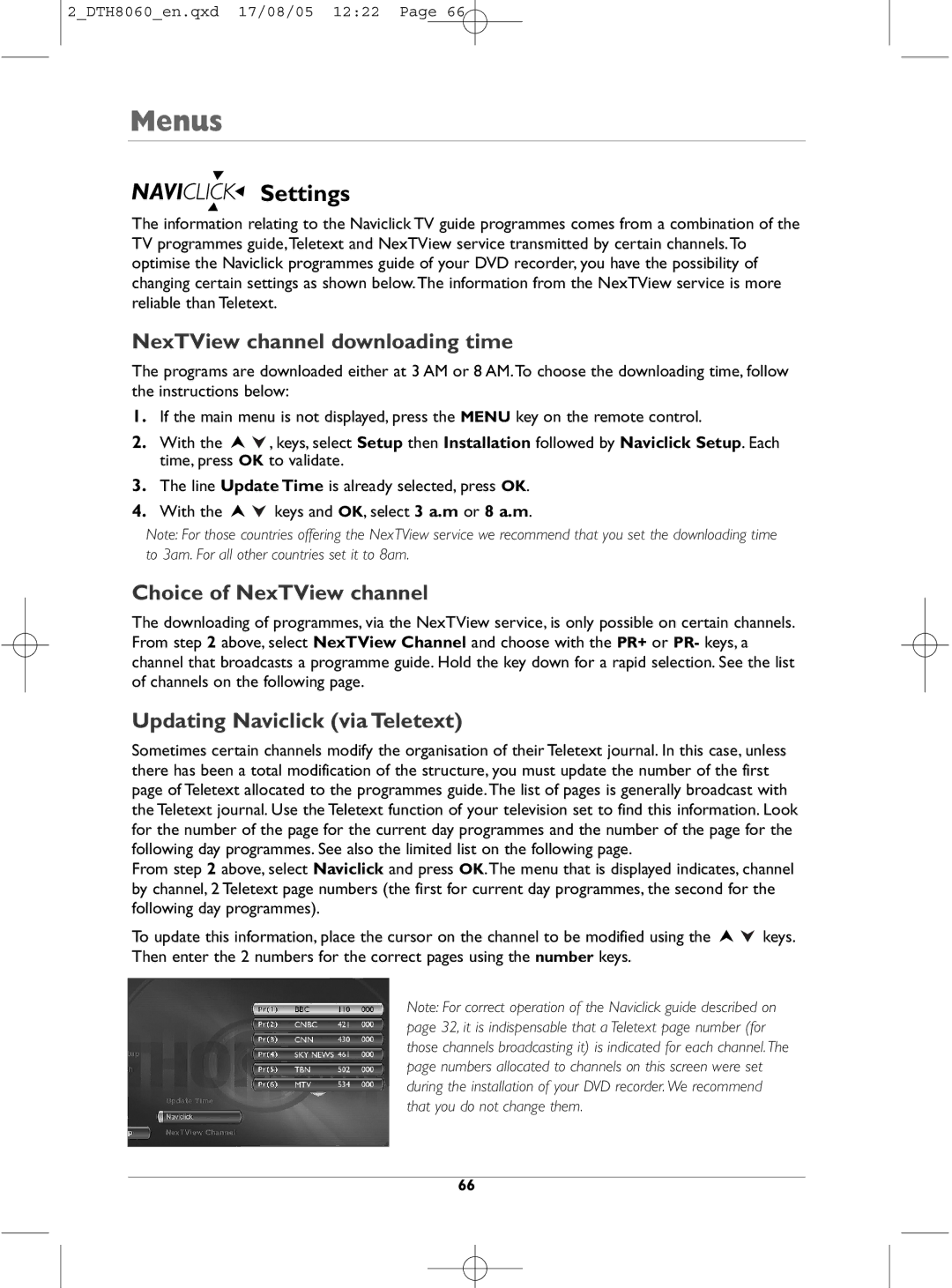 Technicolor - Thomson DTH8060 manual Settings, NexTView channel downloading time, Choice of NexTView channel 