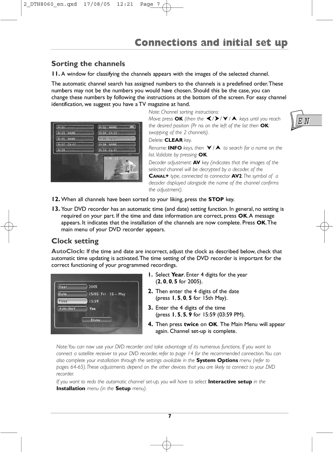 Technicolor - Thomson DTH8060 manual Sorting the channels, Clock setting 