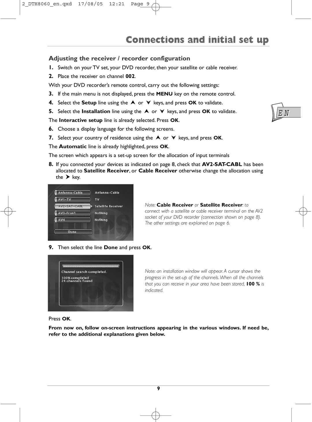 Technicolor - Thomson DTH8060 manual Adjusting the receiver / recorder configuration 