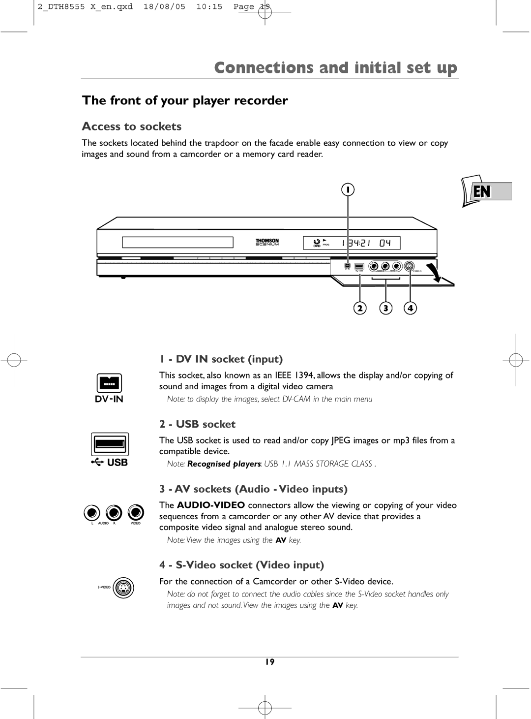 Technicolor - Thomson DTH8555 X manual Front of your player recorder, Access to sockets 