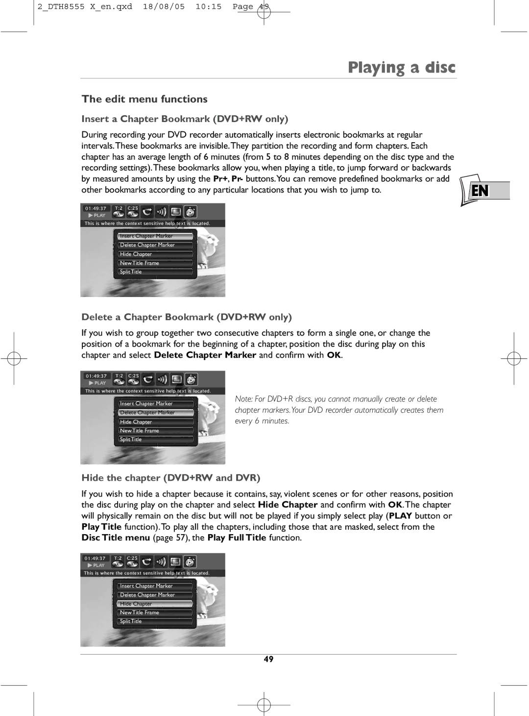 Technicolor - Thomson DTH8555 X manual Edit menu functions, Insert a Chapter Bookmark DVD+RW only 