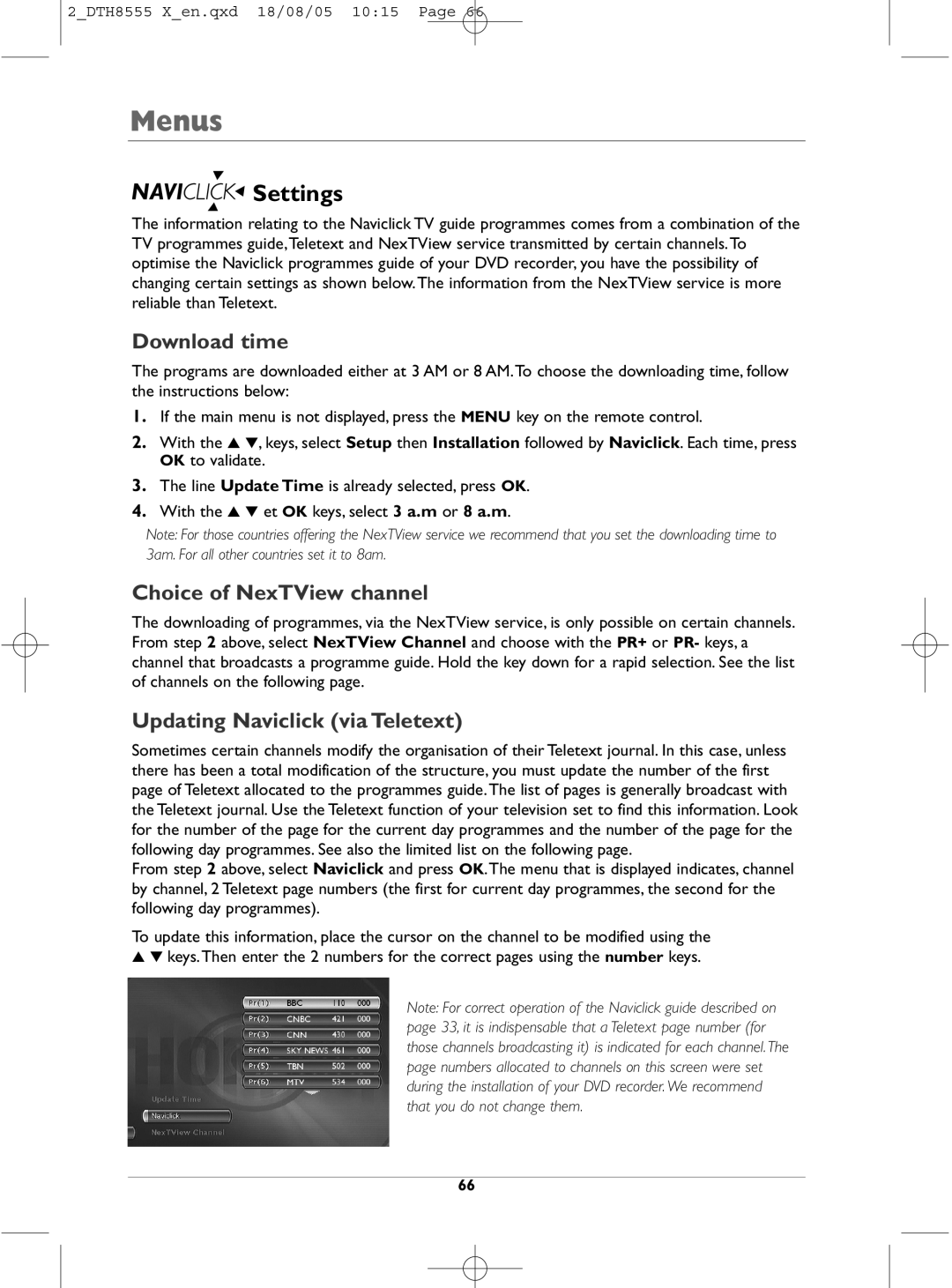 Technicolor - Thomson DTH8555 X manual Settings, Download time, Choice of NexTView channel, Updating Naviclick via Teletext 