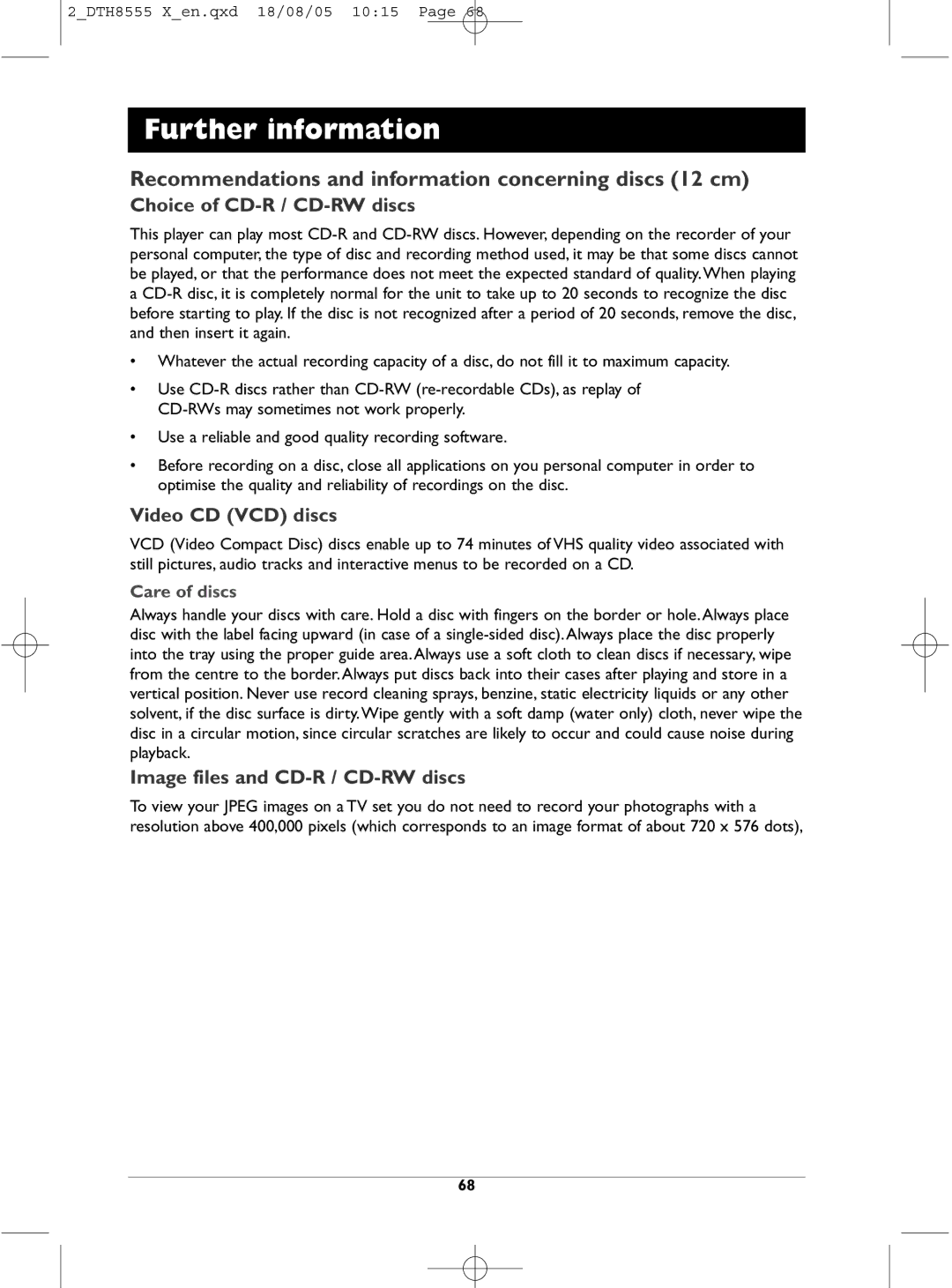 Technicolor - Thomson DTH8555 X manual Recommendations and information concerning discs 12 cm, Choice of CD-R / CD-RW discs 