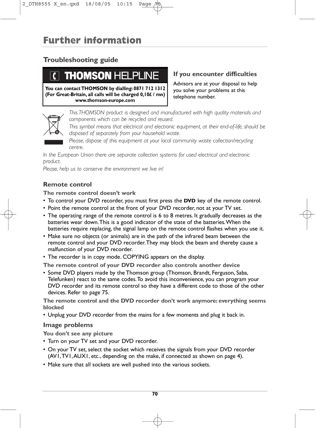 Technicolor - Thomson DTH8555 X manual Troubleshooting guide, If you encounter difficulties, Remote control, Image problems 