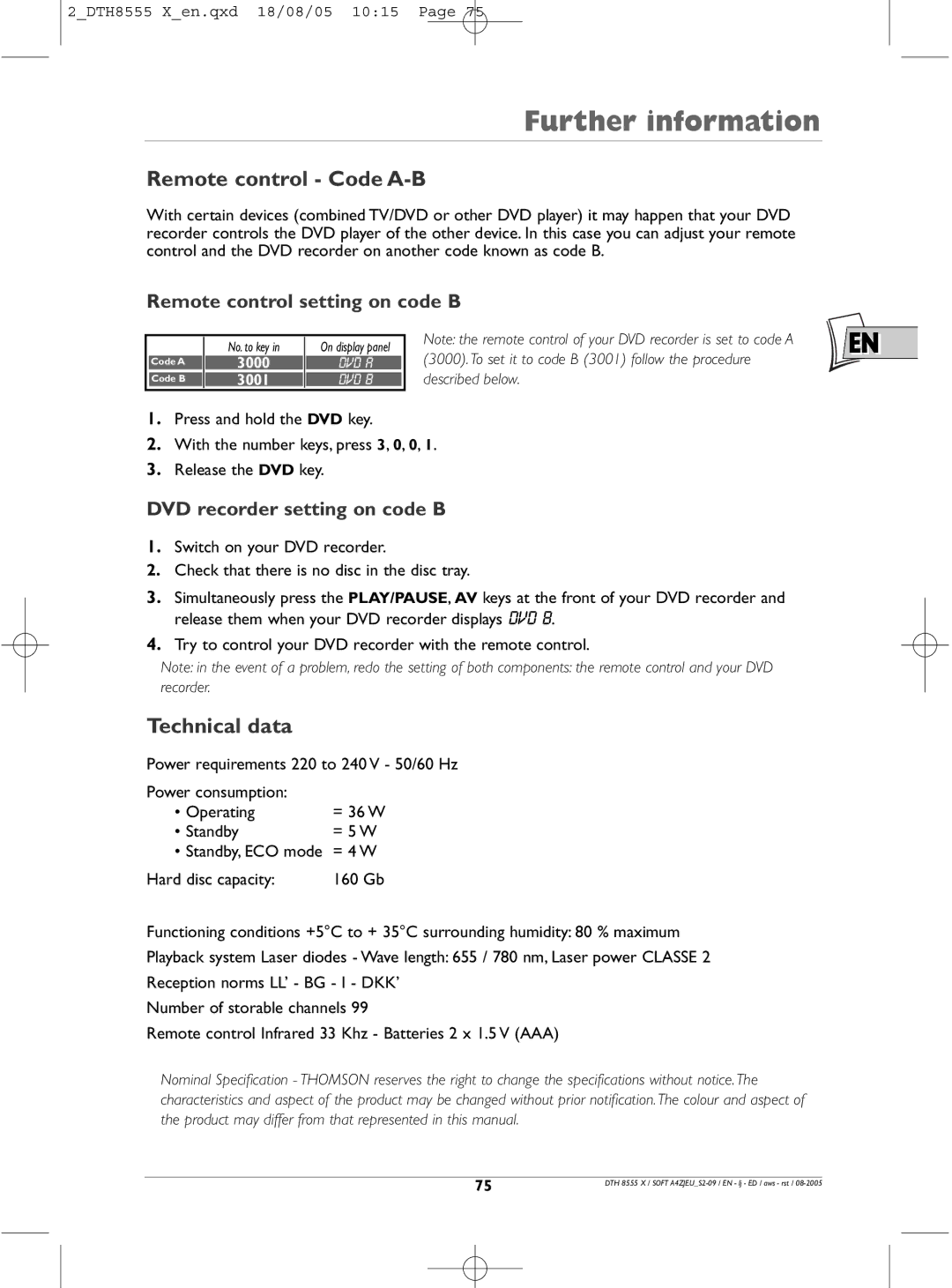 Technicolor - Thomson DTH8555 X manual Remote control Code A-B, Technical data, Remote control setting on code B 
