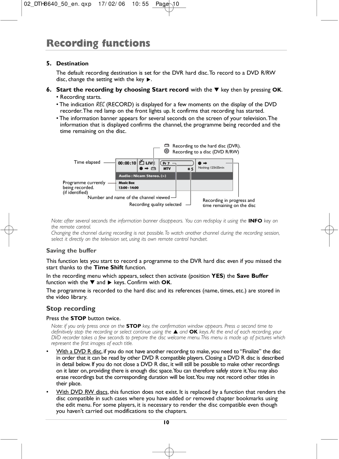 Technicolor - Thomson DTH8640 manual Stop recording, Saving the buffer, Destination, Recording starts 