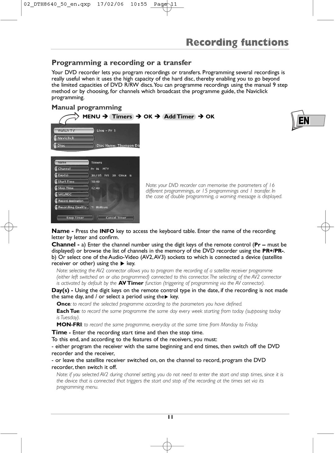 Technicolor - Thomson DTH8640 manual Programming a recording or a transfer, Manual programming, Menu Timers OK Add Timer OK 