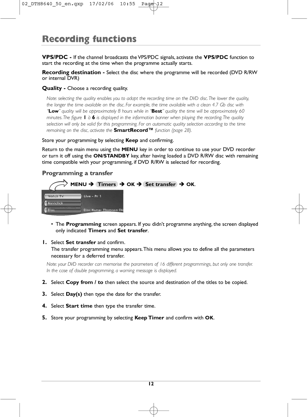 Technicolor - Thomson DTH8640 manual Programming a transfer, Menu Timers OK Set transfer OK 