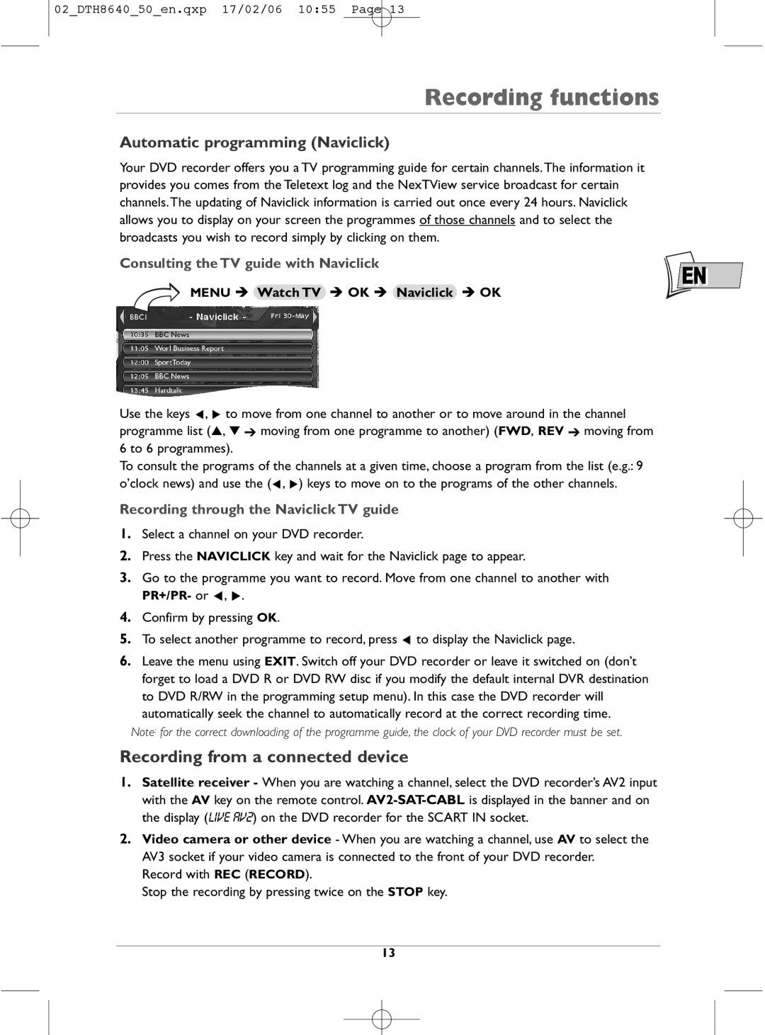 Technicolor - Thomson DTH8640 manual Recording from a connected device, Automatic programming Naviclick 