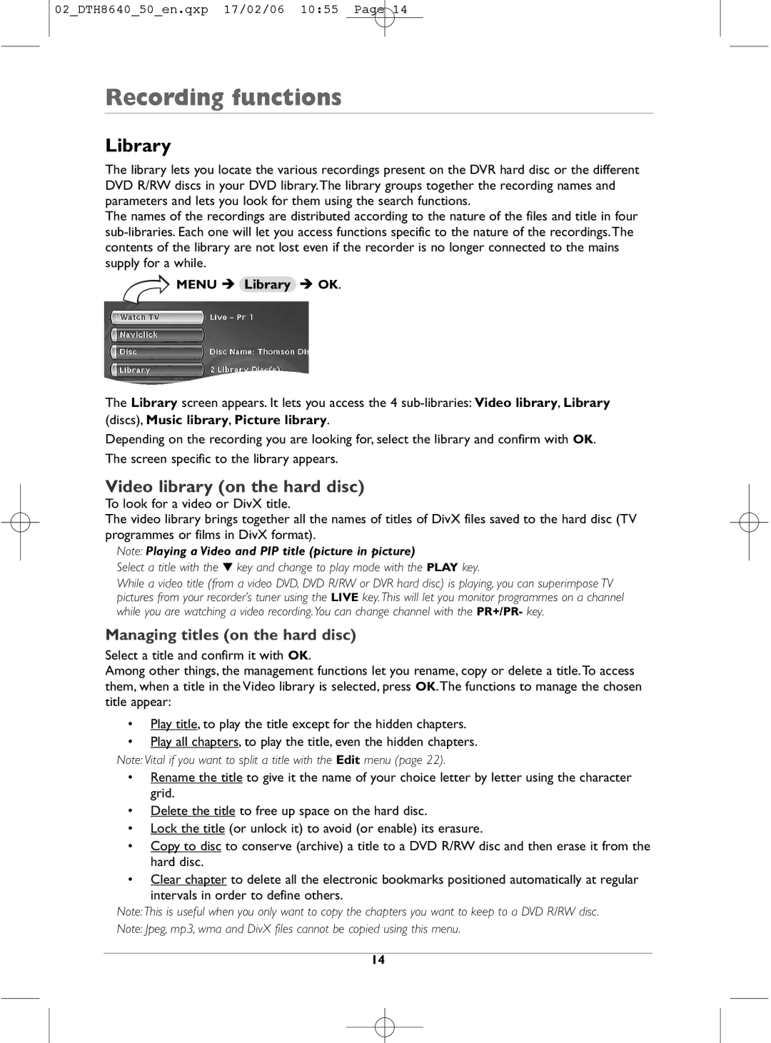 Technicolor - Thomson DTH8640 manual Video library on the hard disc, Managing titles on the hard disc, Menu Library OK 