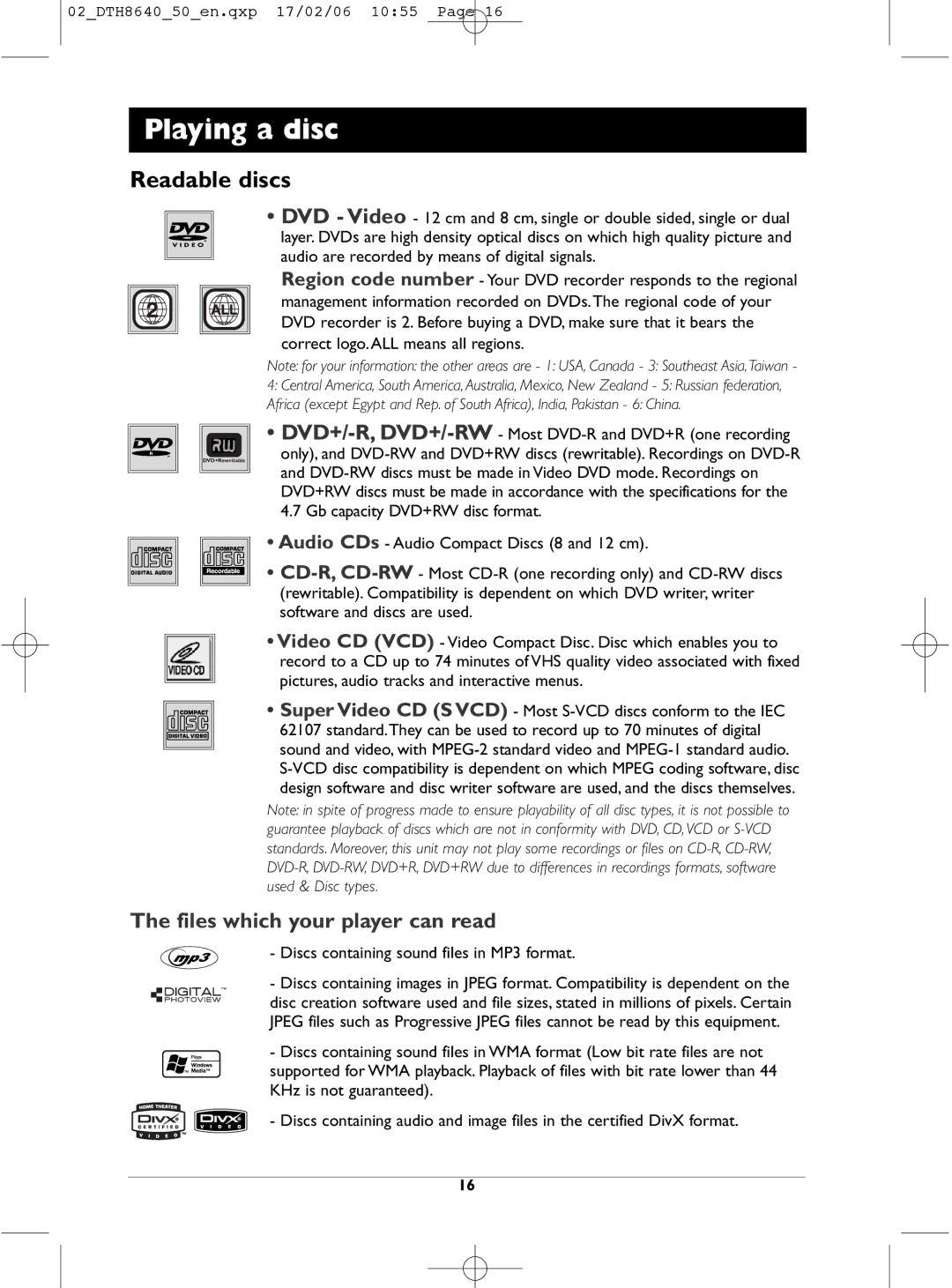 Technicolor - Thomson DTH8640 Readable discs, Files which your player can read, Discs containing sound files in MP3 format 