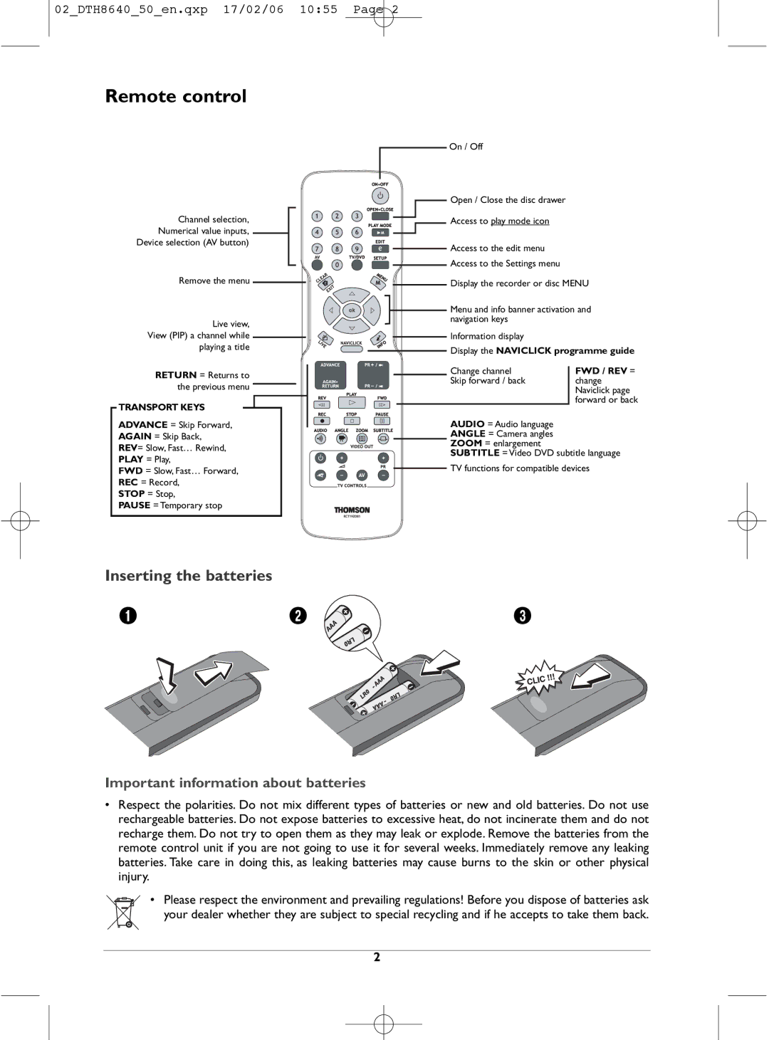 Technicolor - Thomson DTH8640 manual Remote control, Inserting the batteries, Important information about batteries 