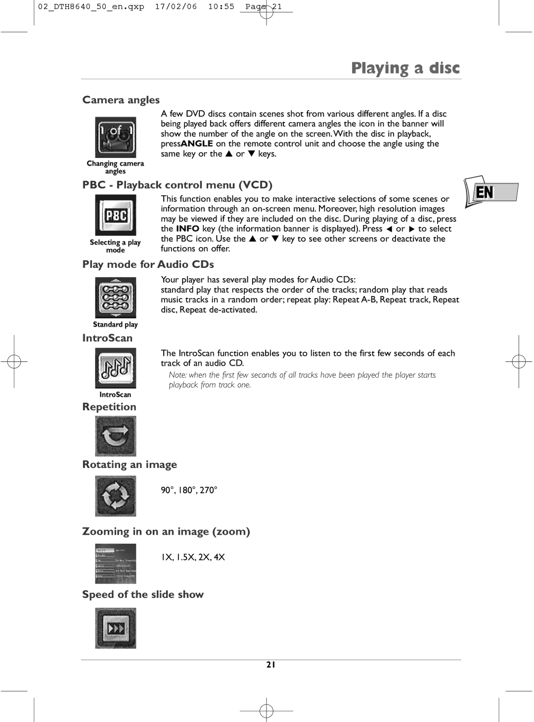 Technicolor - Thomson DTH8640 manual Camera angles, PBC Playback control menu VCD, Play mode for Audio CDs, IntroScan 