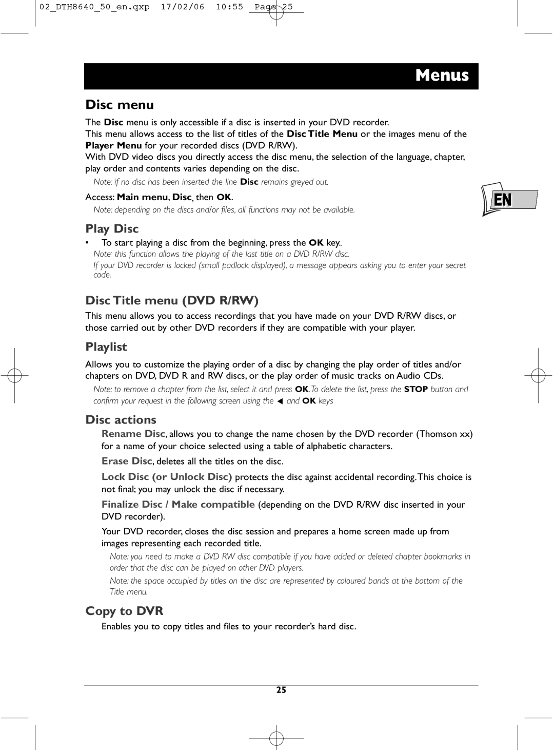 Technicolor - Thomson DTH8640 manual Disc menu 