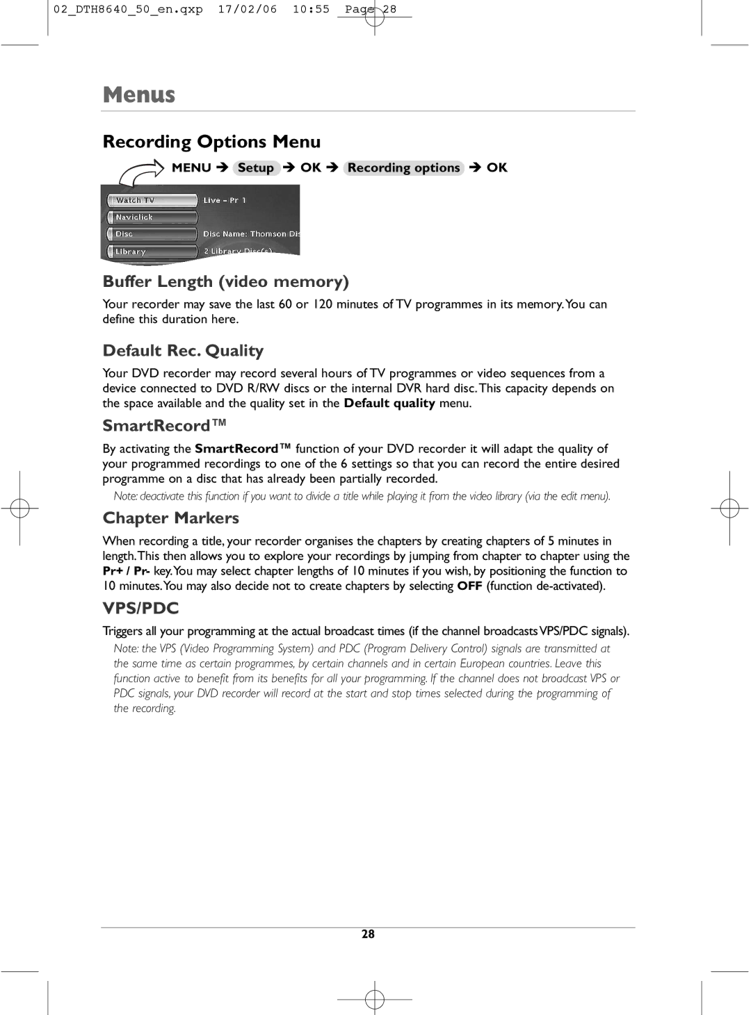 Technicolor - Thomson DTH8640 manual Recording Options Menu, Buffer Length video memory, Default Rec. Quality, SmartRecord 