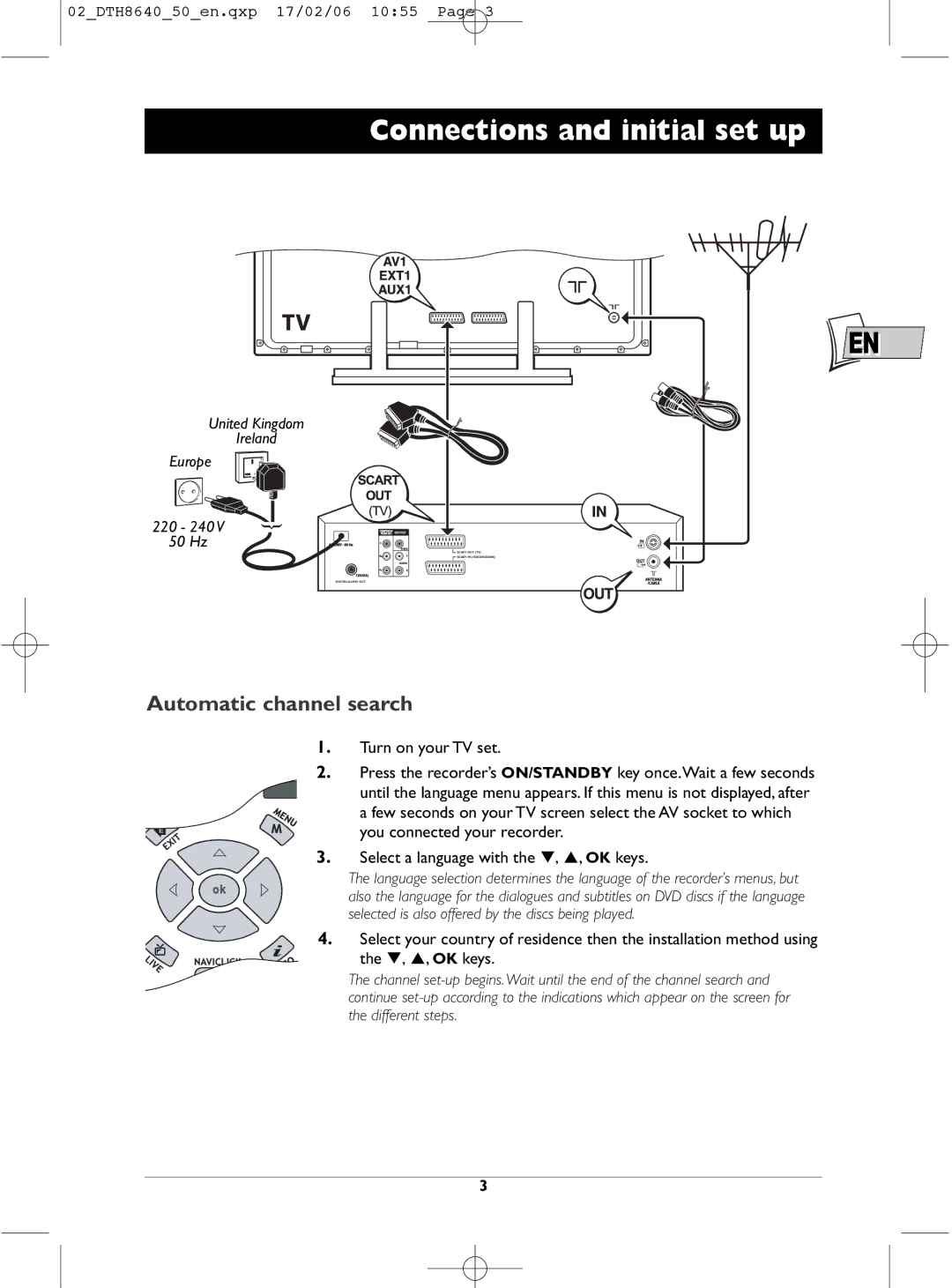 Technicolor - Thomson DTH8640 manual Connections and initial set up, Automatic channel search 