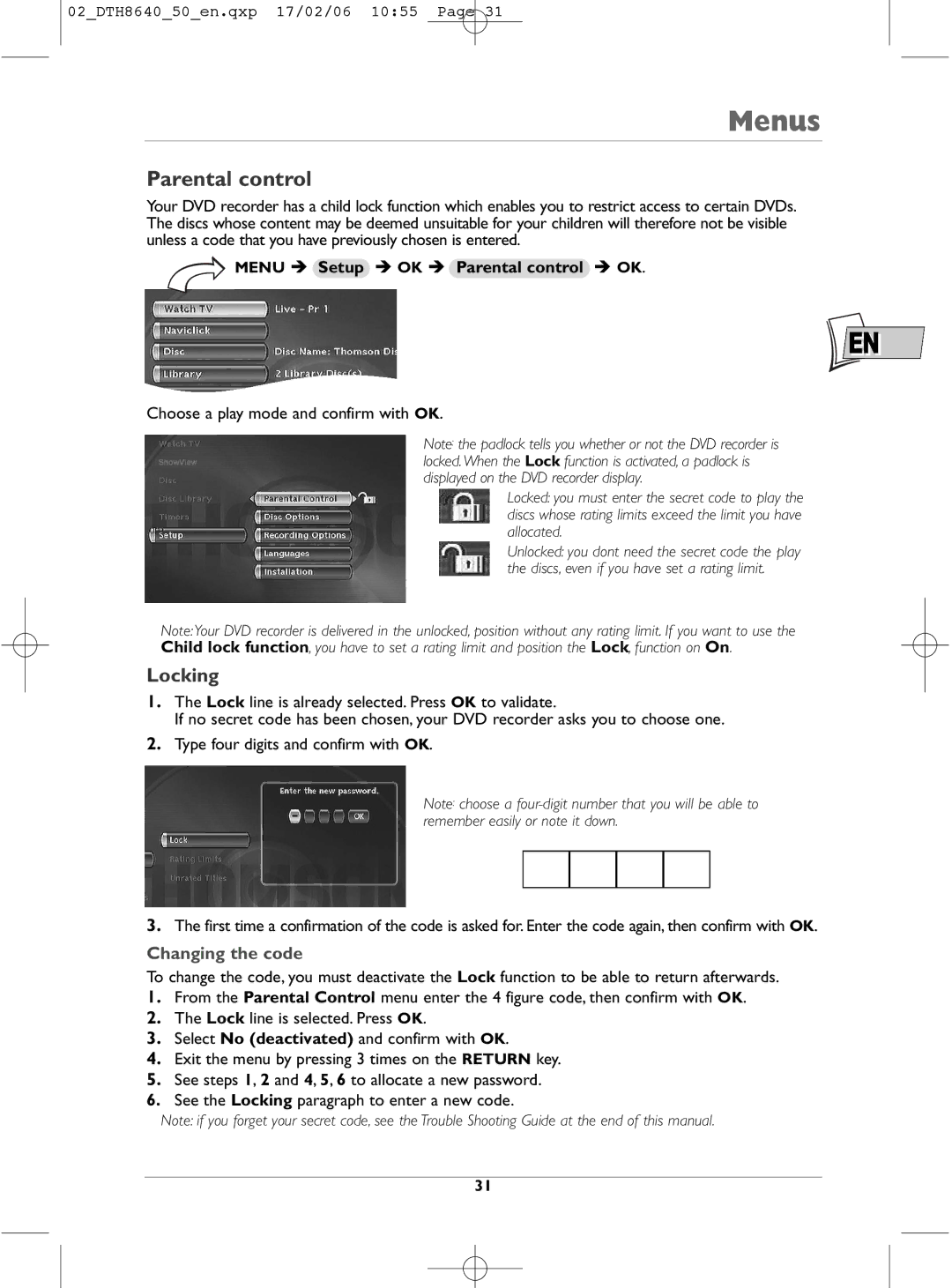 Technicolor - Thomson DTH8640 manual Locking, Changing the code, Menu Setup OK Parental control OK 