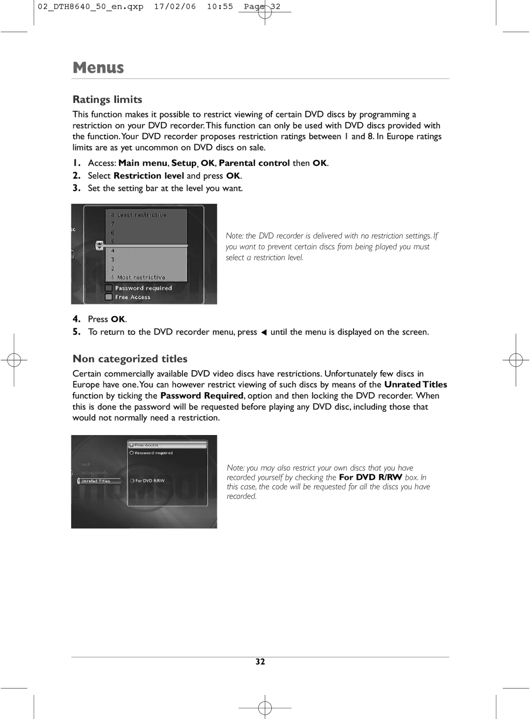 Technicolor - Thomson DTH8640 manual Ratings limits, Non categorized titles 