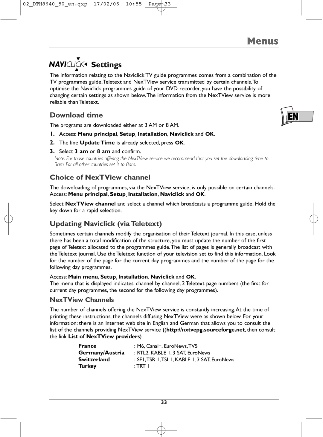 Technicolor - Thomson DTH8640 manual Settings, Download time, Choice of NexTView channel, Updating Naviclick via Teletext 