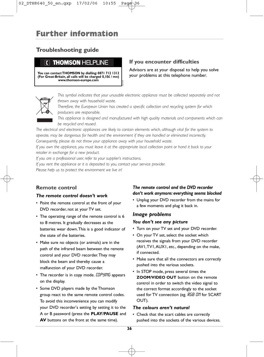 Technicolor - Thomson DTH8640 manual Troubleshooting guide, If you encounter difficulties, Remote control 