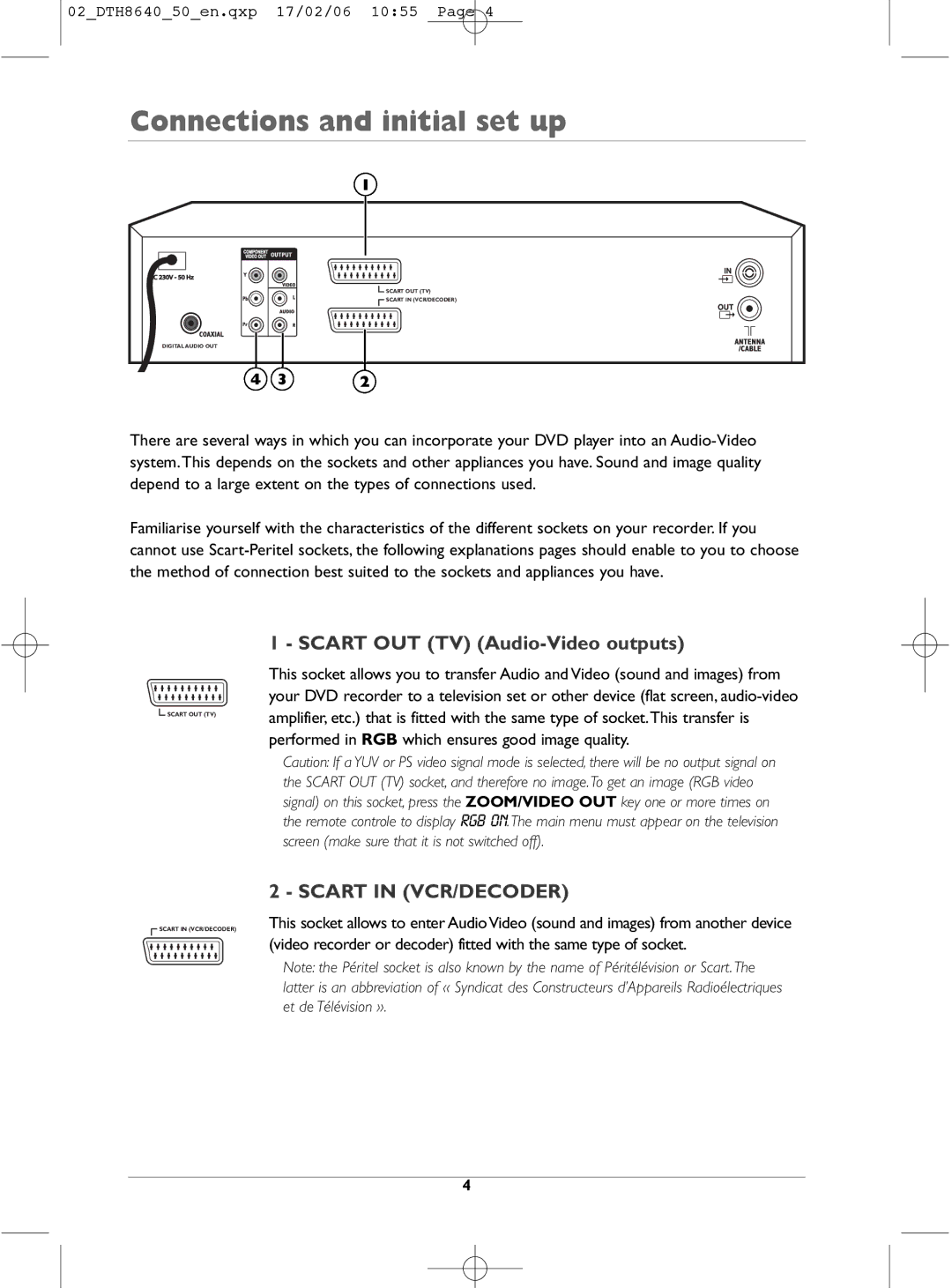 Technicolor - Thomson DTH8640 manual Connections and initial set up, Scart OUT TV Audio-Video outputs 