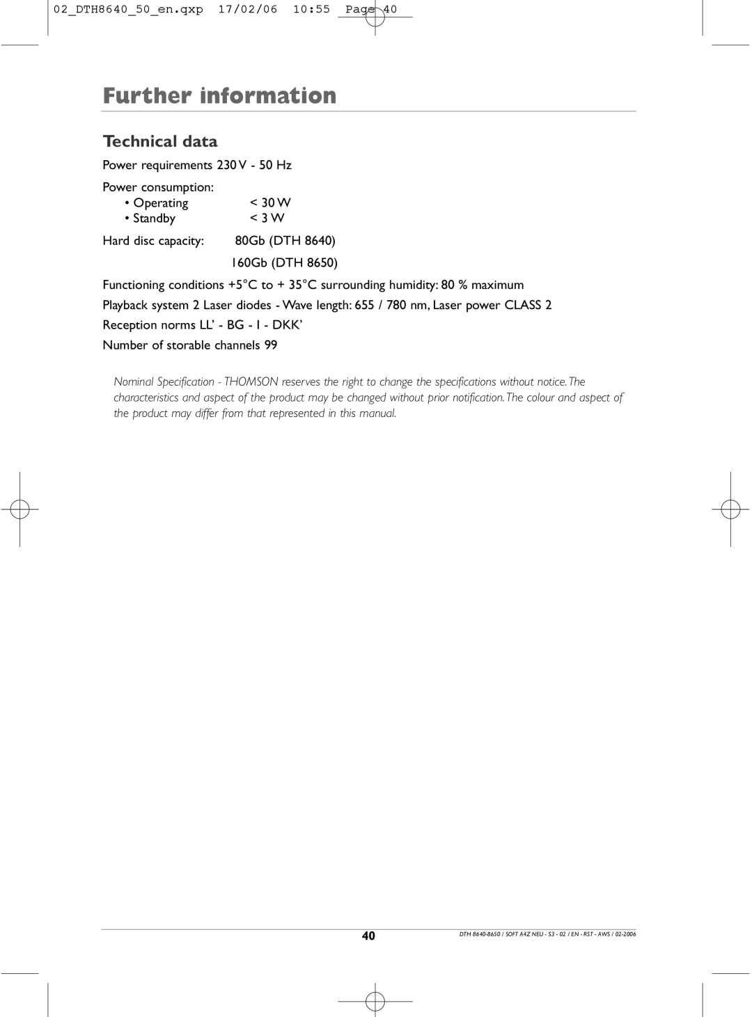 Technicolor - Thomson DTH8640 manual Technical data 