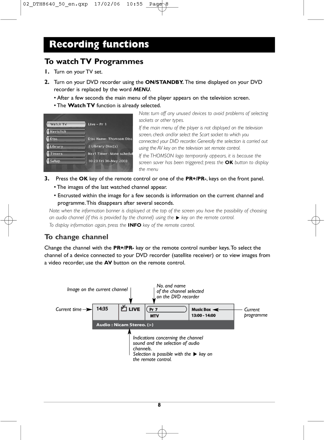 Technicolor - Thomson DTH8640 manual To watch TV Programmes, To change channel 