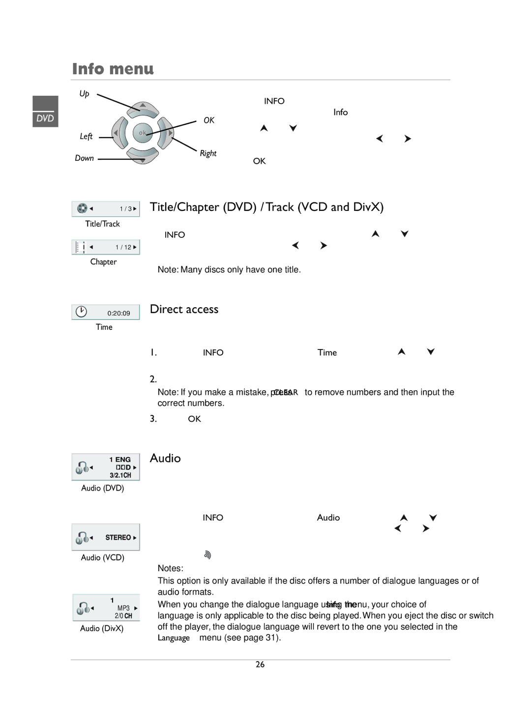 Technicolor - Thomson DVD Player + TV Set + VCR Info menu, Title/Chapter DVD / Track VCD and DivX, Direct access, Audio 