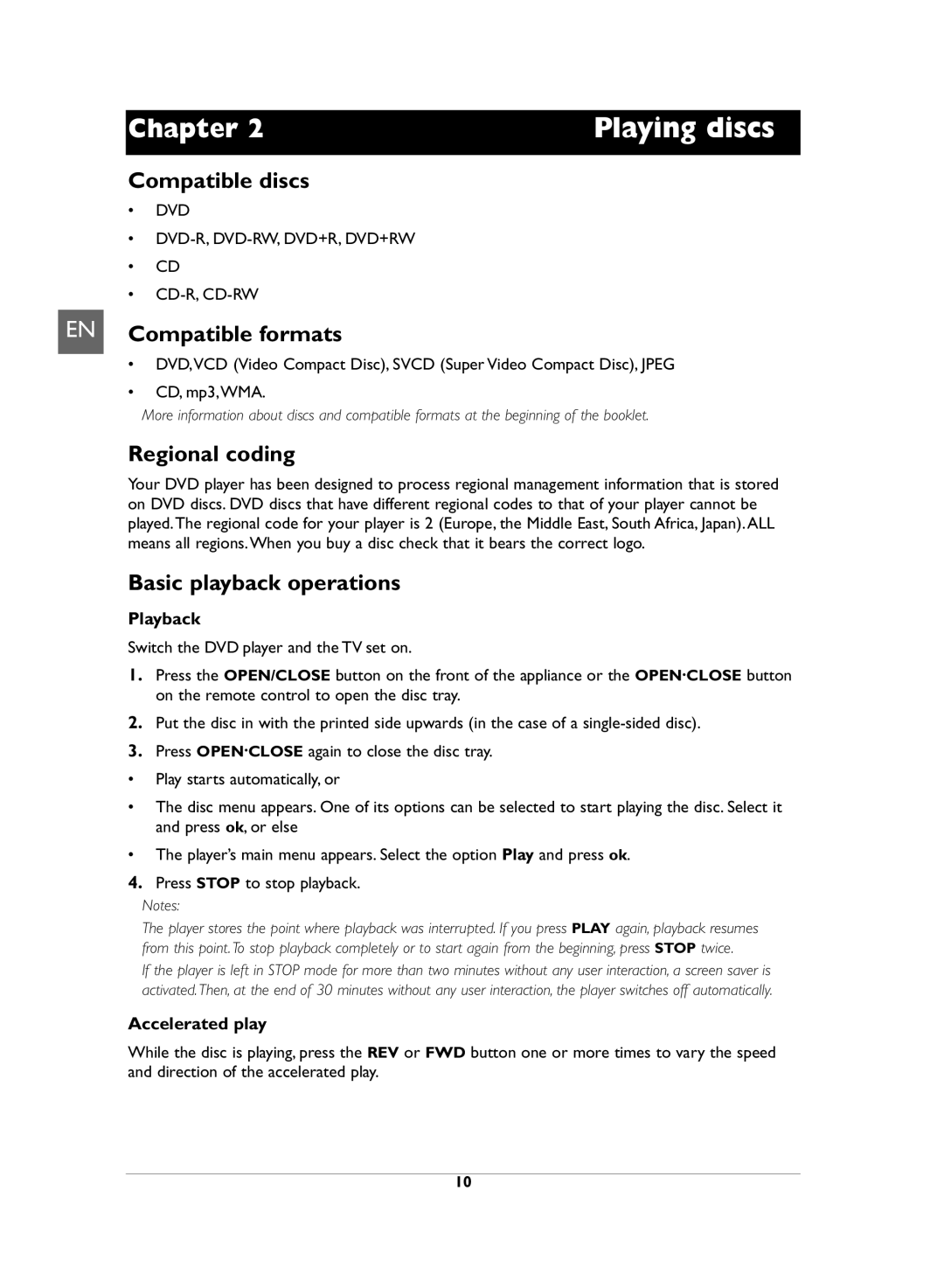 Technicolor - Thomson DVD110 manual Compatible discs, EN Compatible formats, Regional coding, Basic playback operations 