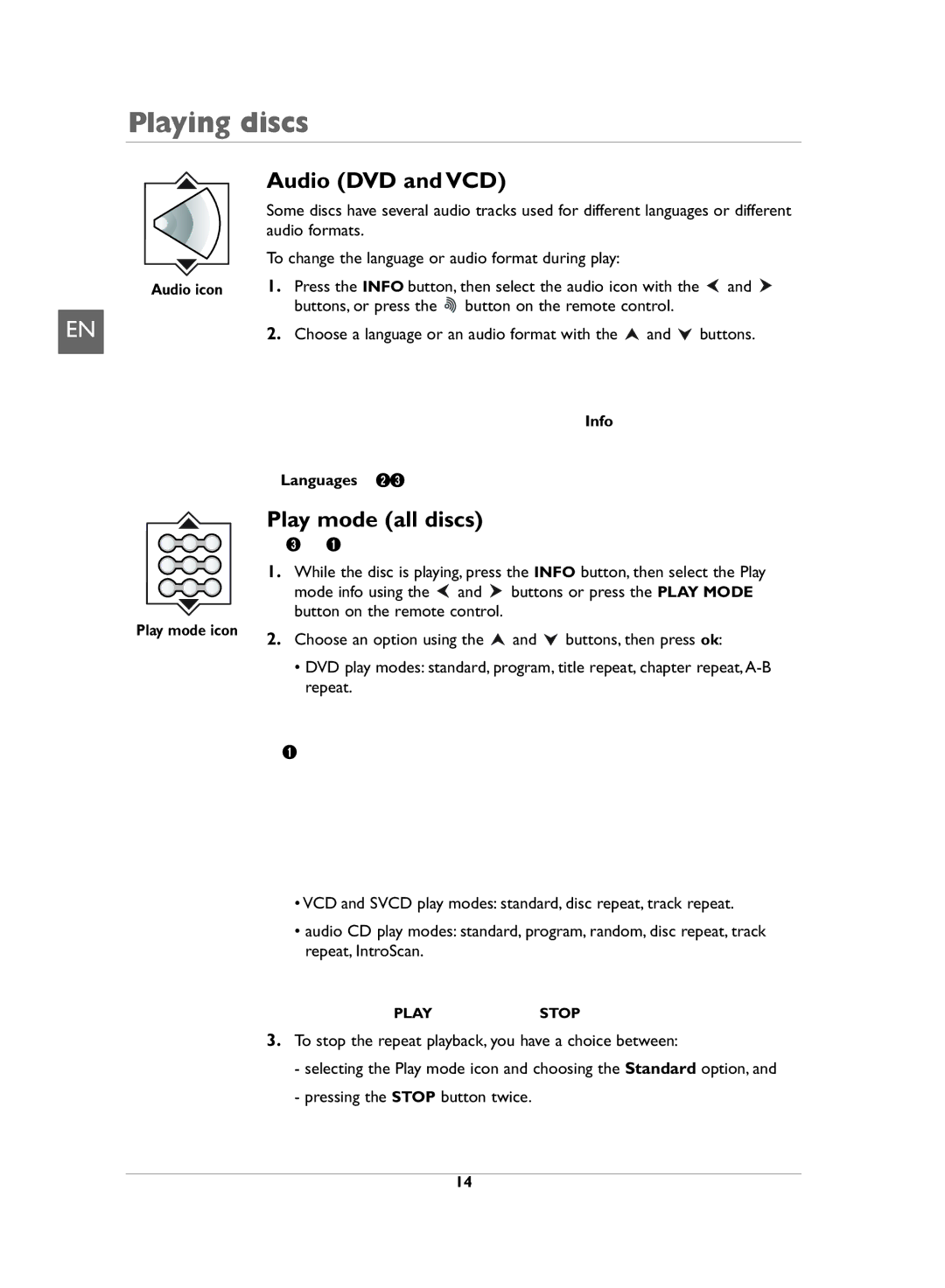 Technicolor - Thomson DVD110 manual Audio DVD and VCD, Play mode all discs, Audio icon, Play mode icon 