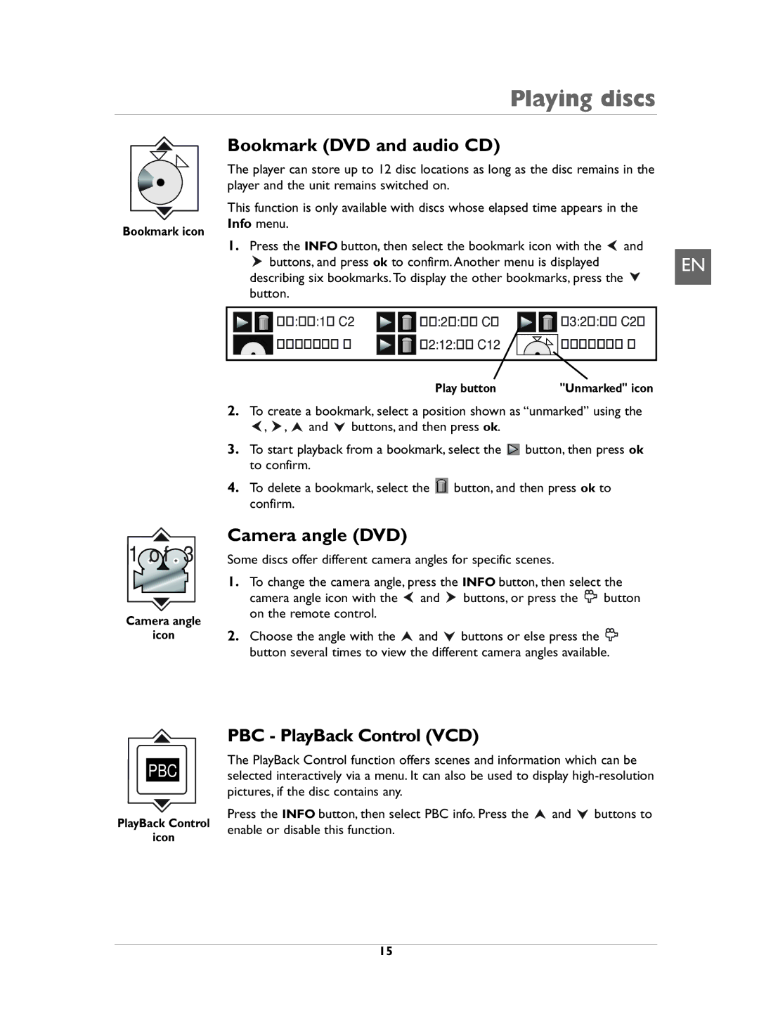 Technicolor - Thomson DVD110 manual Bookmark DVD and audio CD, Camera angle DVD, PBC PlayBack Control VCD 