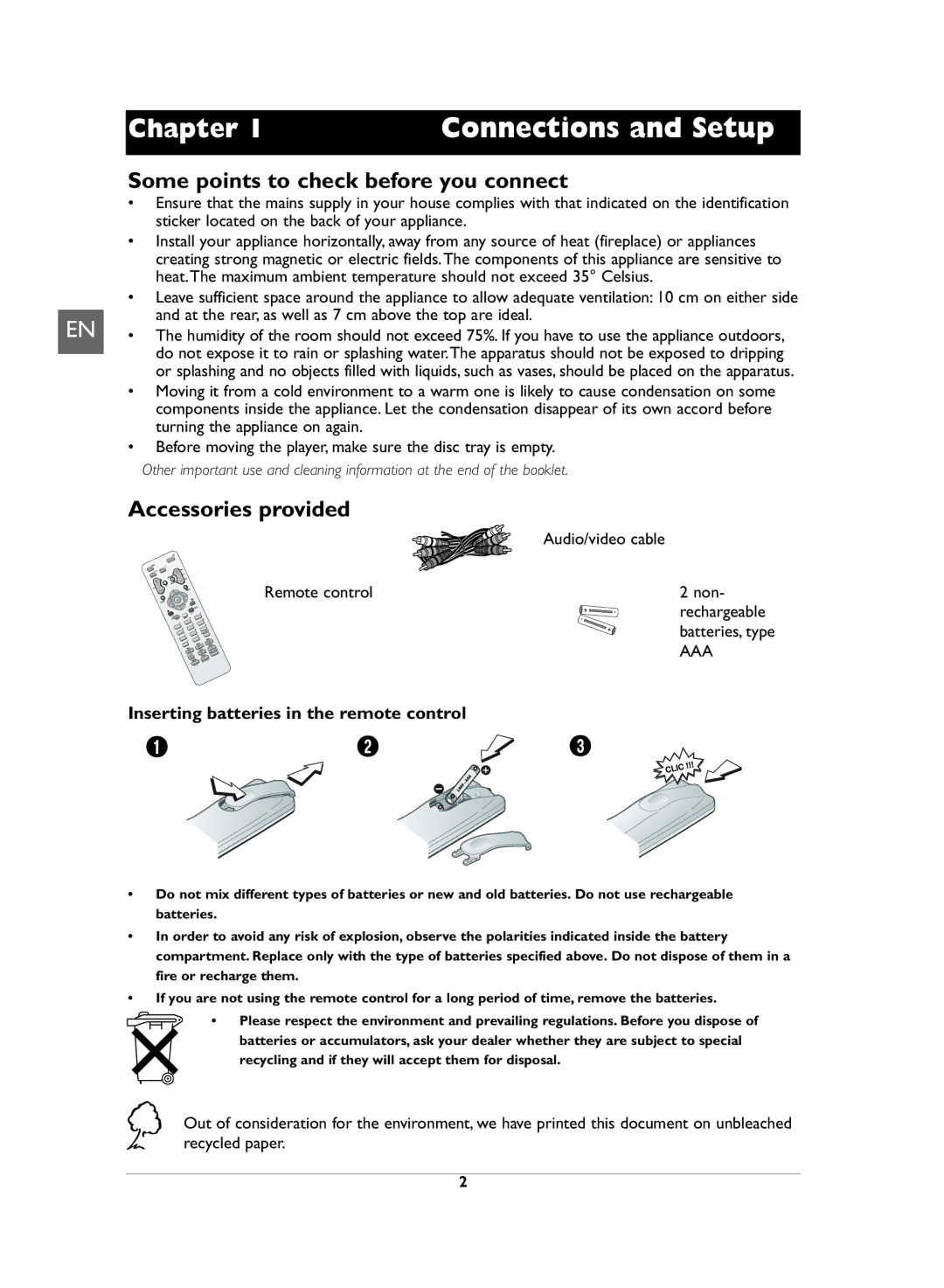 Technicolor - Thomson DVD110 manual Some points to check before you connect, Accessories provided 