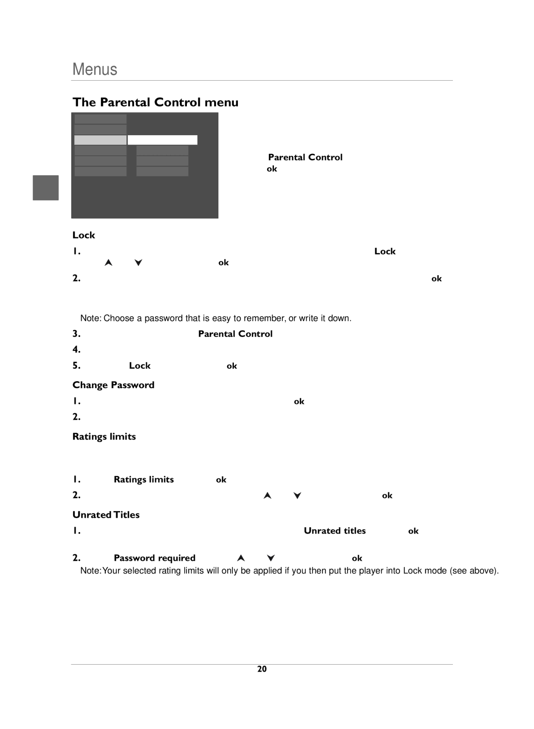 Technicolor - Thomson DVD110 manual Parental Control menu, Lock, Change Password, Ratings limits, Unrated Titles 