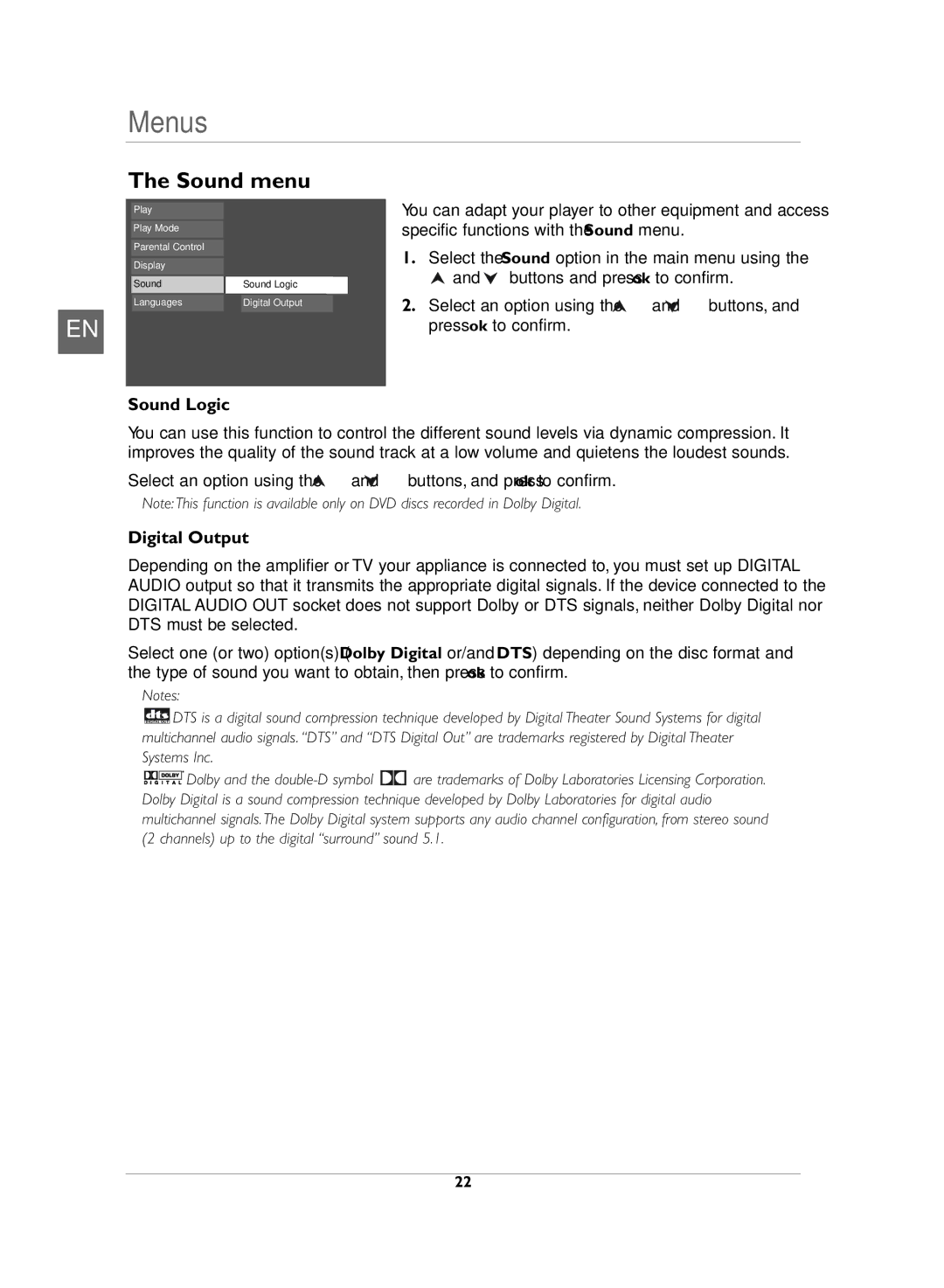 Technicolor - Thomson DVD110 manual Sound menu, Sound Logic, Digital Output 