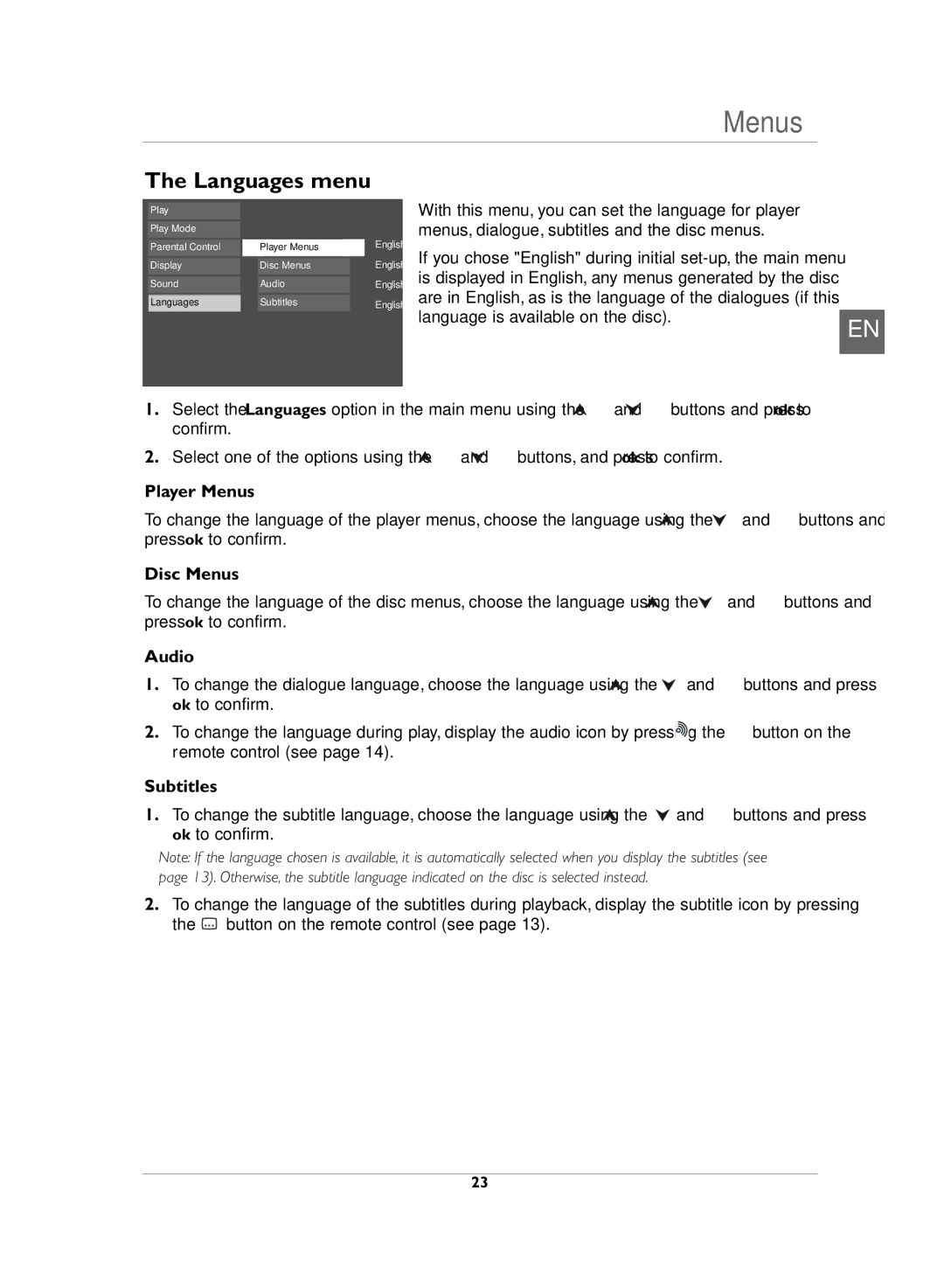 Technicolor - Thomson DVD110 manual Languages menu, Player Menus, Disc Menus, Audio, Subtitles 