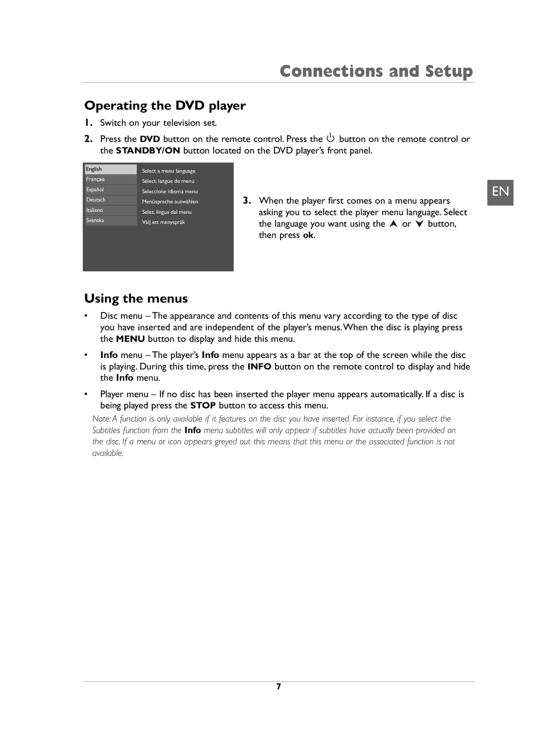 Technicolor - Thomson DVD110 manual Operating the DVD player, Using the menus 