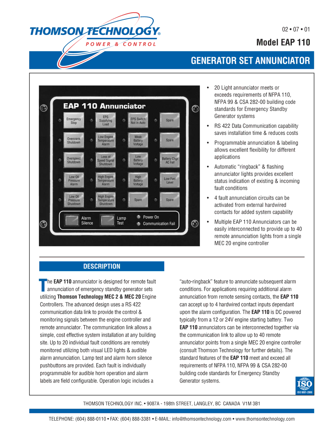 Technicolor - Thomson EAP 110 manual Generator SET Annunciator, Description 