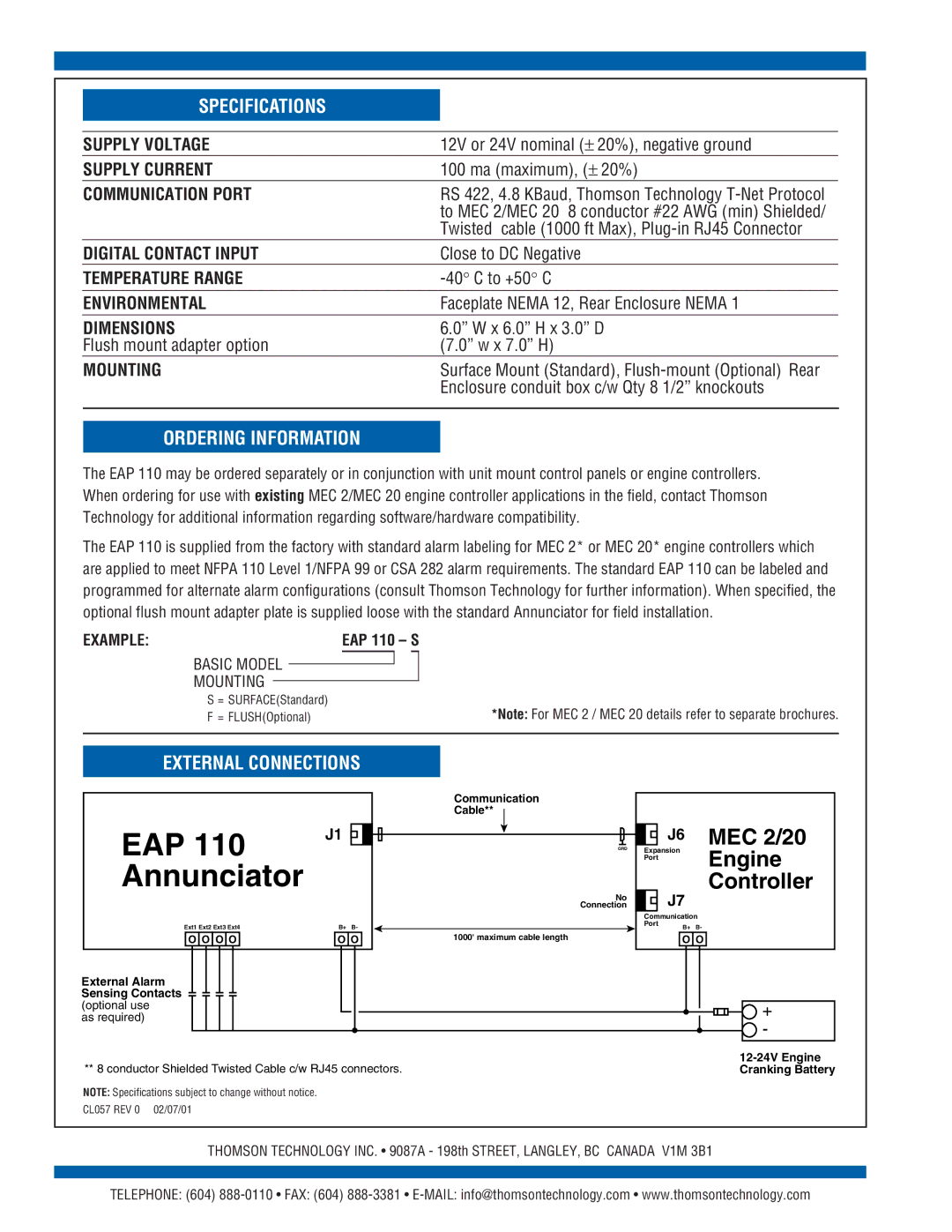 Technicolor - Thomson EAP 110 manual EAP Annunciator, MEC 2/20 Engine Controller, Specifications, Ordering Information 