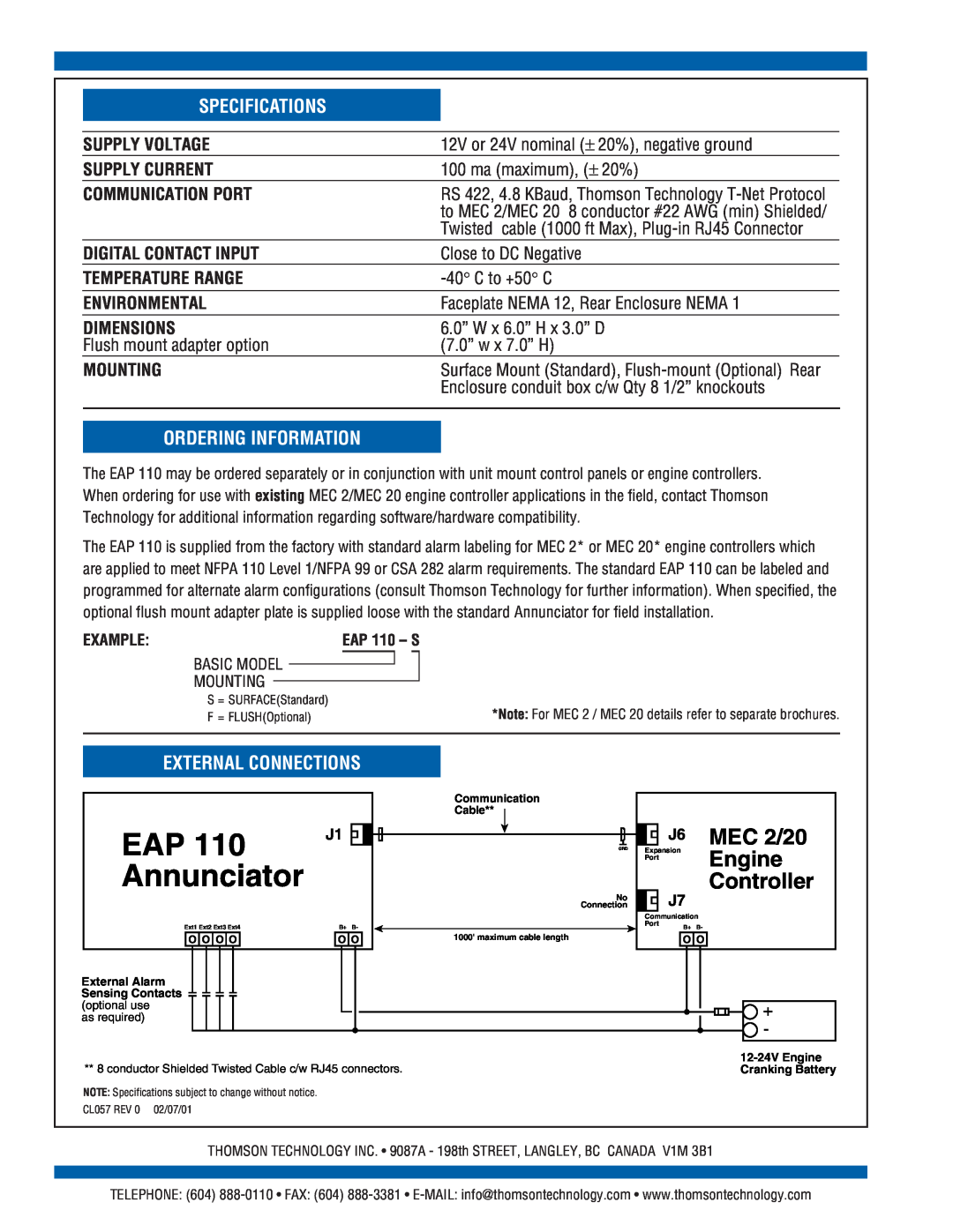 Technicolor - Thomson EAP 110 Specifications, Ordering Information, External Connections, Annunciator, Supply Voltage 
