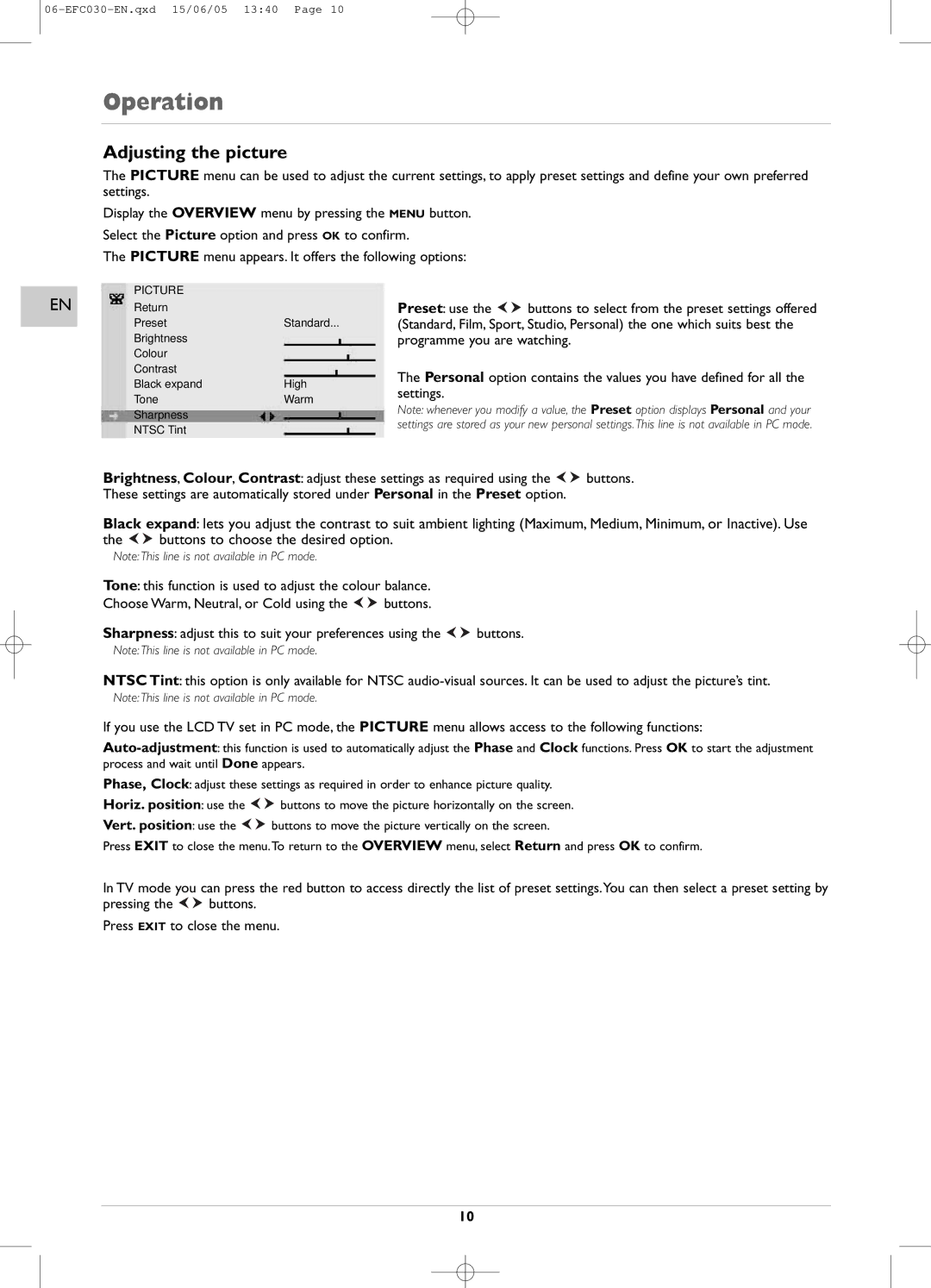 Technicolor - Thomson EFC030 manual Adjusting the picture, Picture 