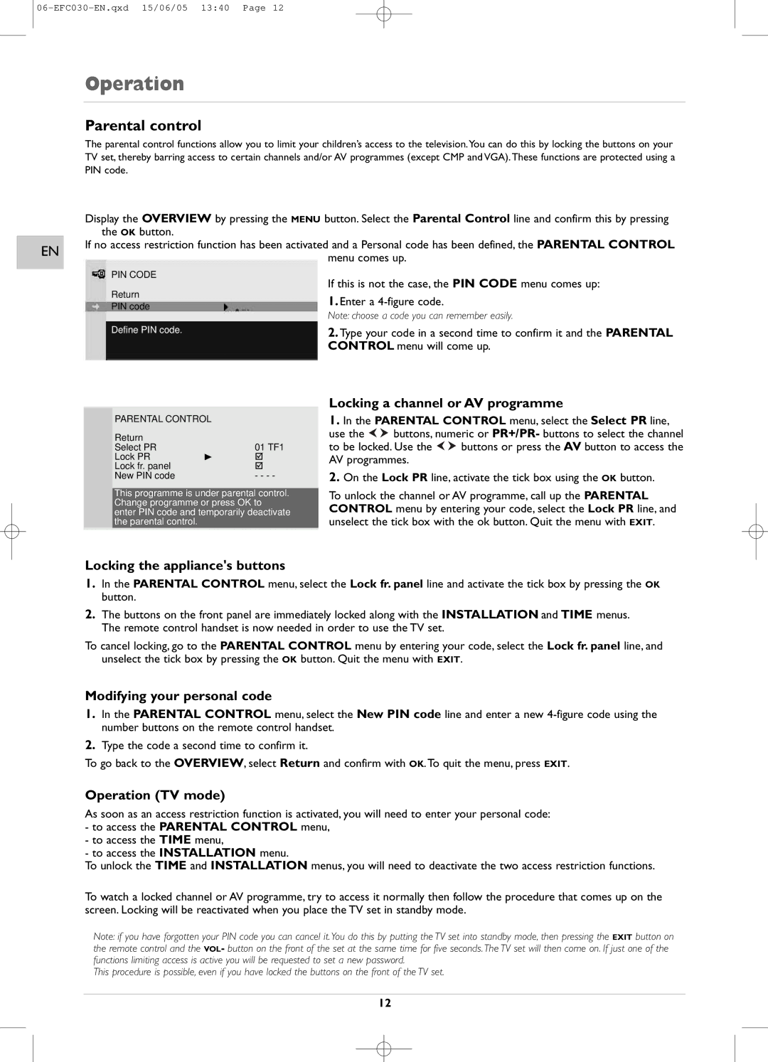 Technicolor - Thomson EFC030 manual Parental control, Locking a channel or AV programme, Locking the appliances buttons 