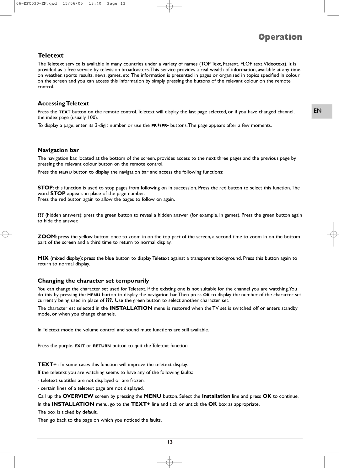 Technicolor - Thomson EFC030 manual Accessing Teletext, Navigation bar, Changing the character set temporarily 
