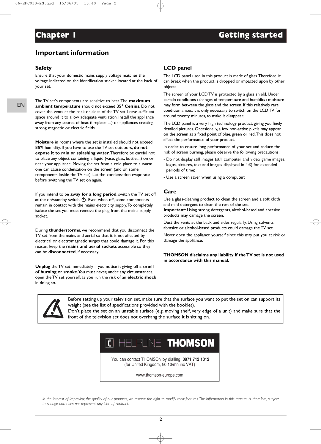 Technicolor - Thomson EFC030 manual Chapter Getting started, Safety, LCD panel, Care 