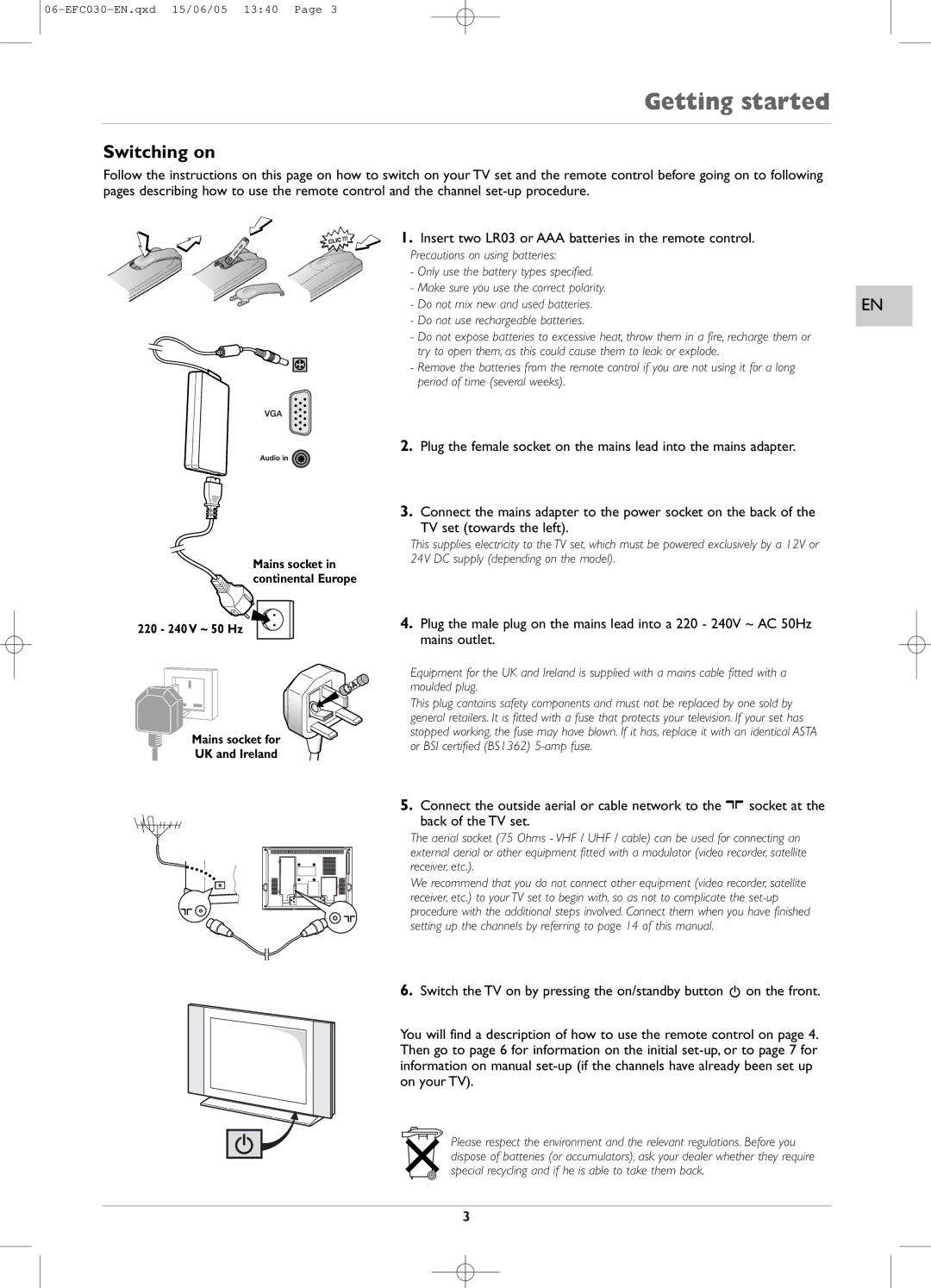 Technicolor - Thomson EFC030 manual Getting started, Switching on 